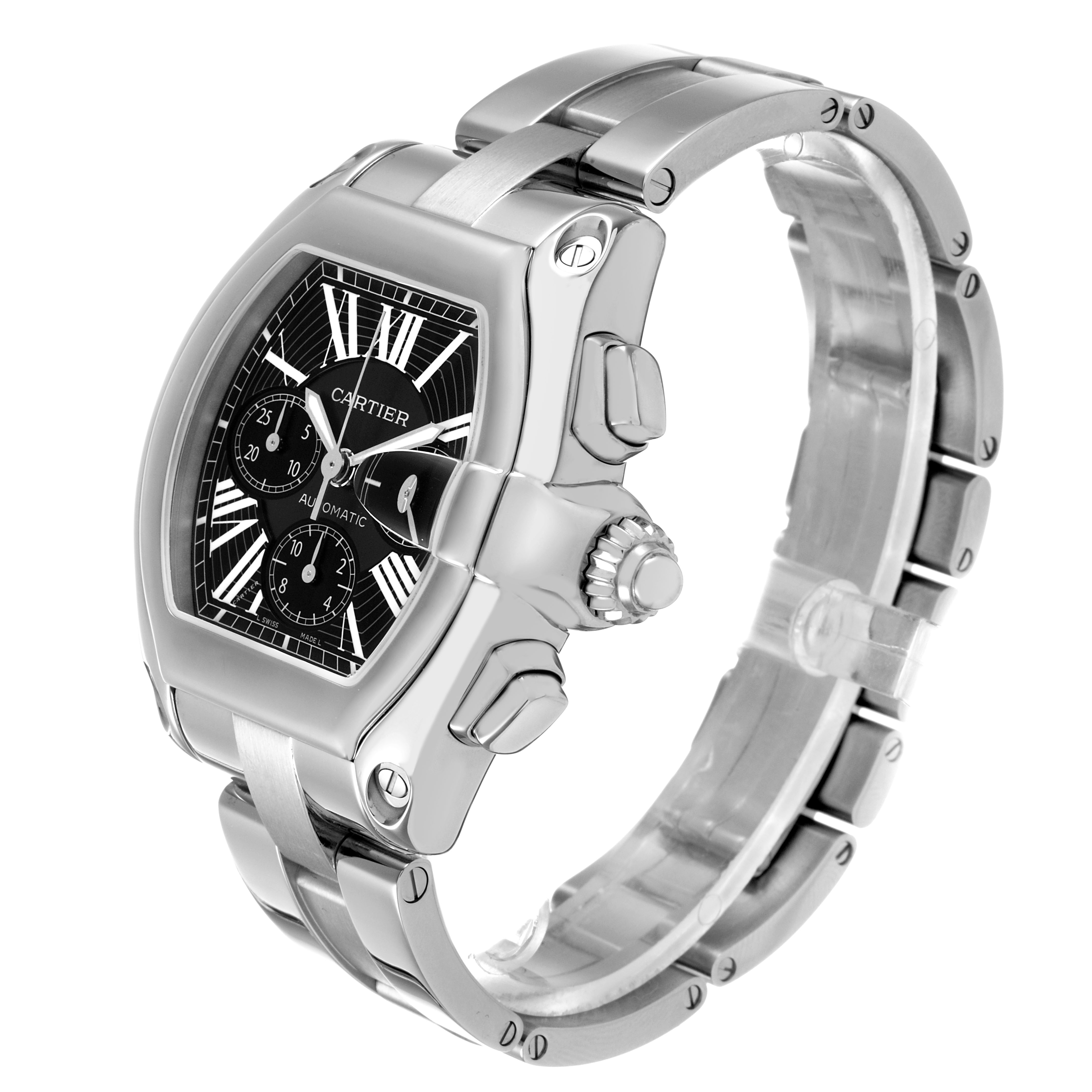 The Cartier Roadster W62020X6 Men's Stainless Steel Black Dial watch is shown at an angled front view, displaying the dial, crown, and part of the bracelet.