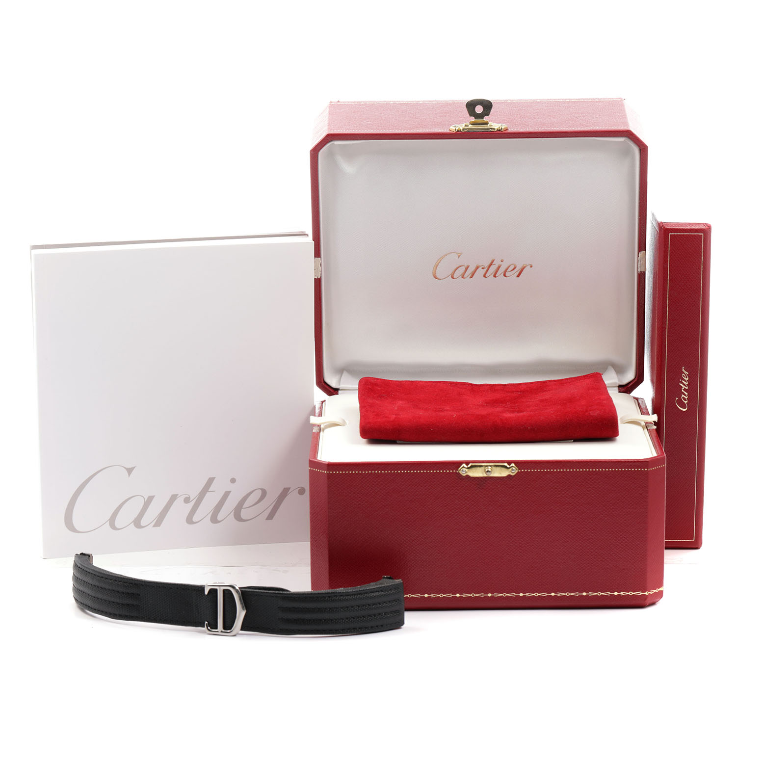 The image shows the Cartier Roadster W62020X6 Men's Stainless Steel Black Dial watch's packaging, including a red box, a red suede pouch, and a watch strap.
