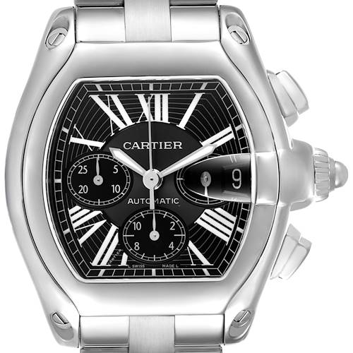 The Cartier Roadster W62020X6 Men's Stainless Steel Black Dial watch is shown from a front angle, highlighting its dial, case, and crown features.