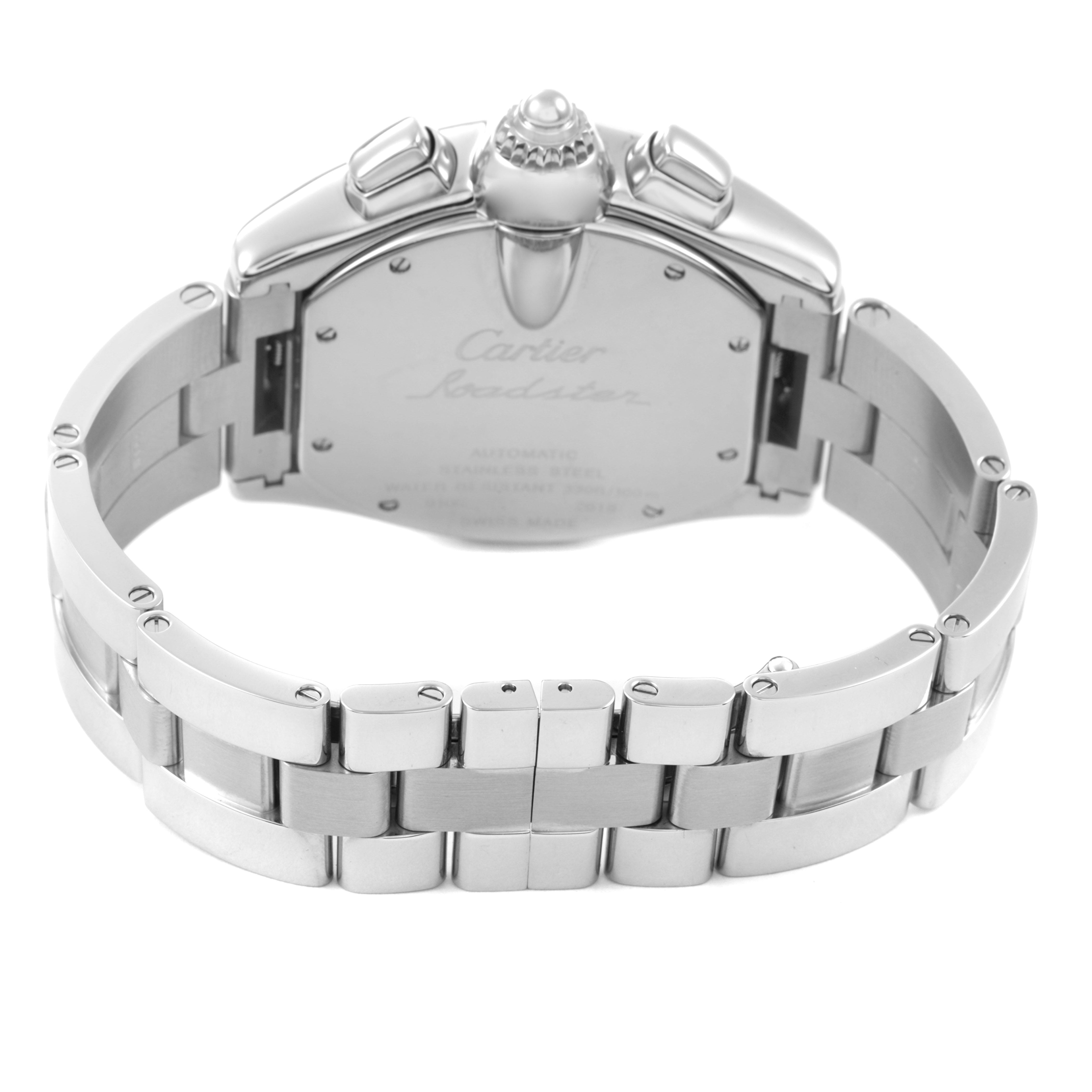 The image shows the back view of the Cartier Roadster W62020X6 Men's Stainless Steel Black Dial watch, highlighting the bracelet and case back.