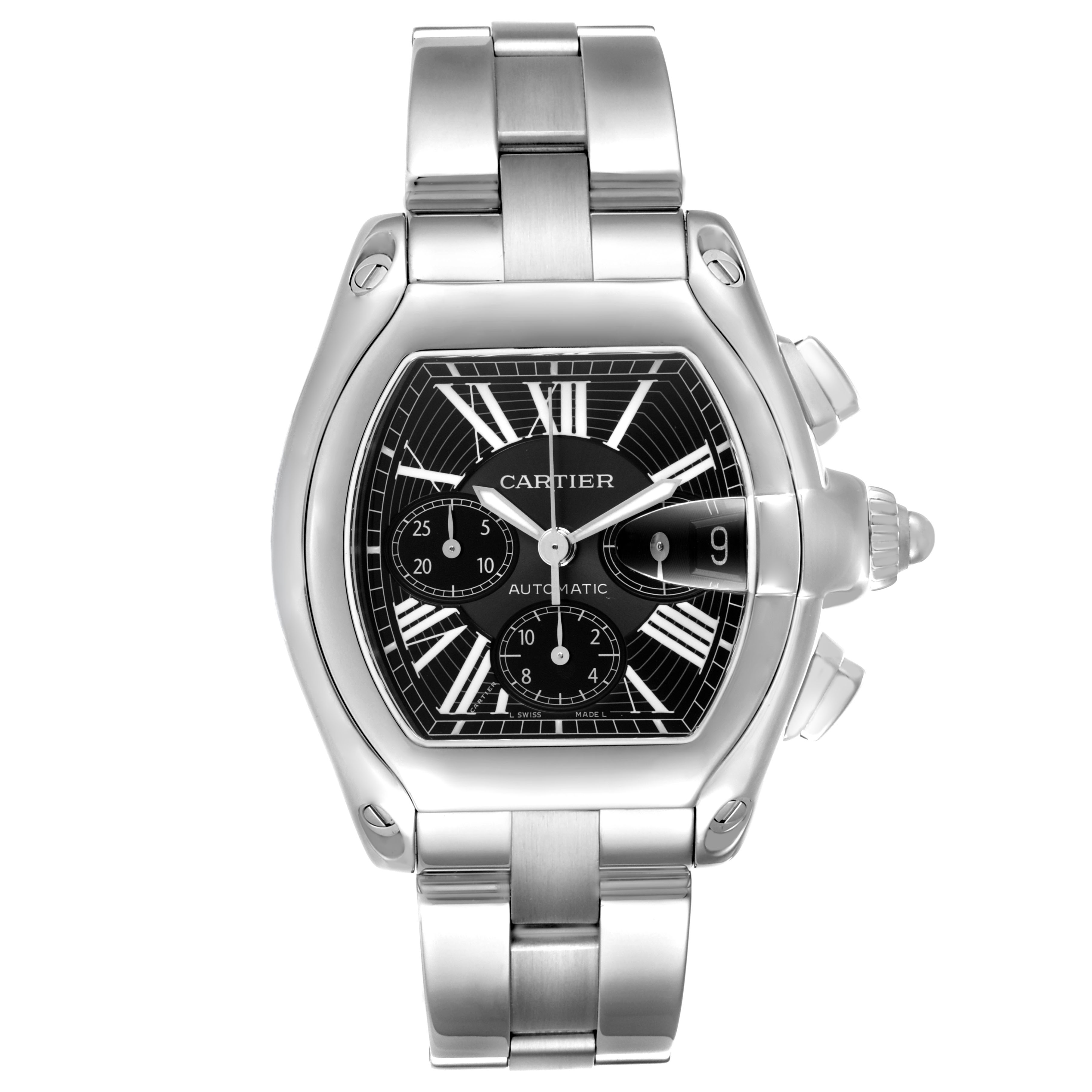 The Cartier Roadster W62020X6 Men's Stainless Steel Black Dial watch is shown in a front view, highlighting the face, bezel, and bracelet.