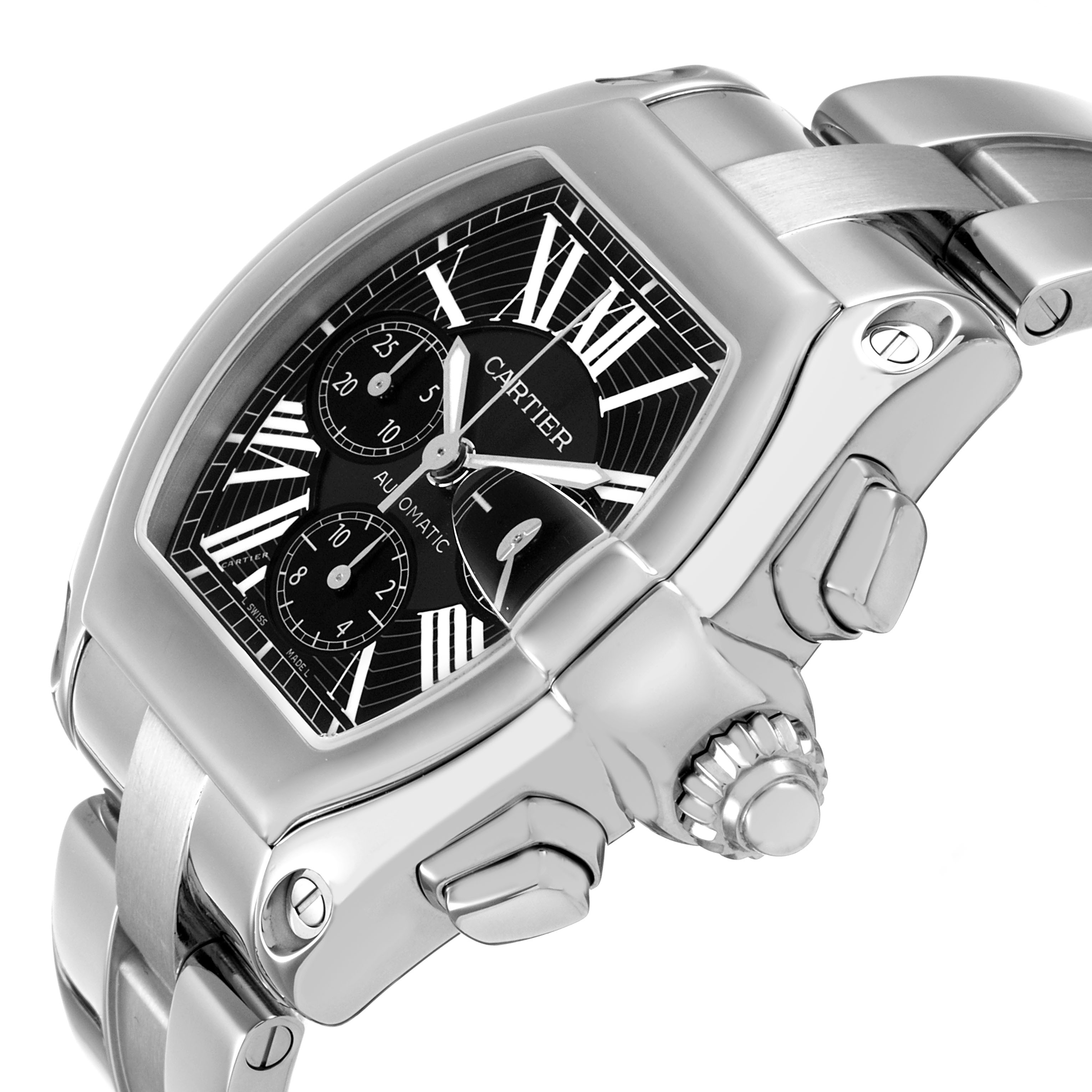The Cartier Roadster W62020X6 Men's Stainless Steel Black Dial watch is shown at an angled view, highlighting the black dial, Roman numerals, and crown with a metal bracelet.