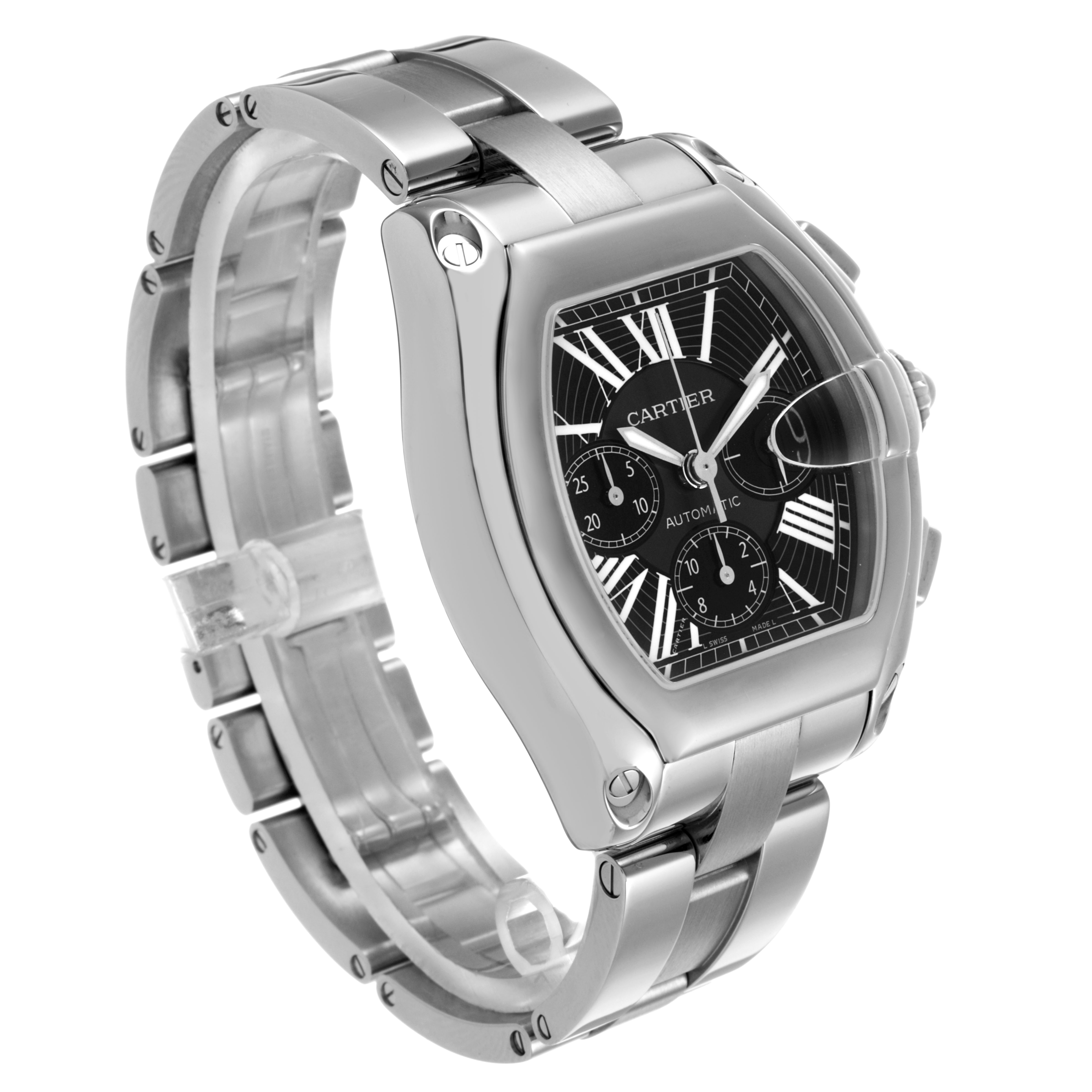 The Cartier Roadster W62020X6 Men's Stainless Steel Black Dial watch is shown from a three-quarter view, highlighting its face, stainless steel bracelet, and crown.