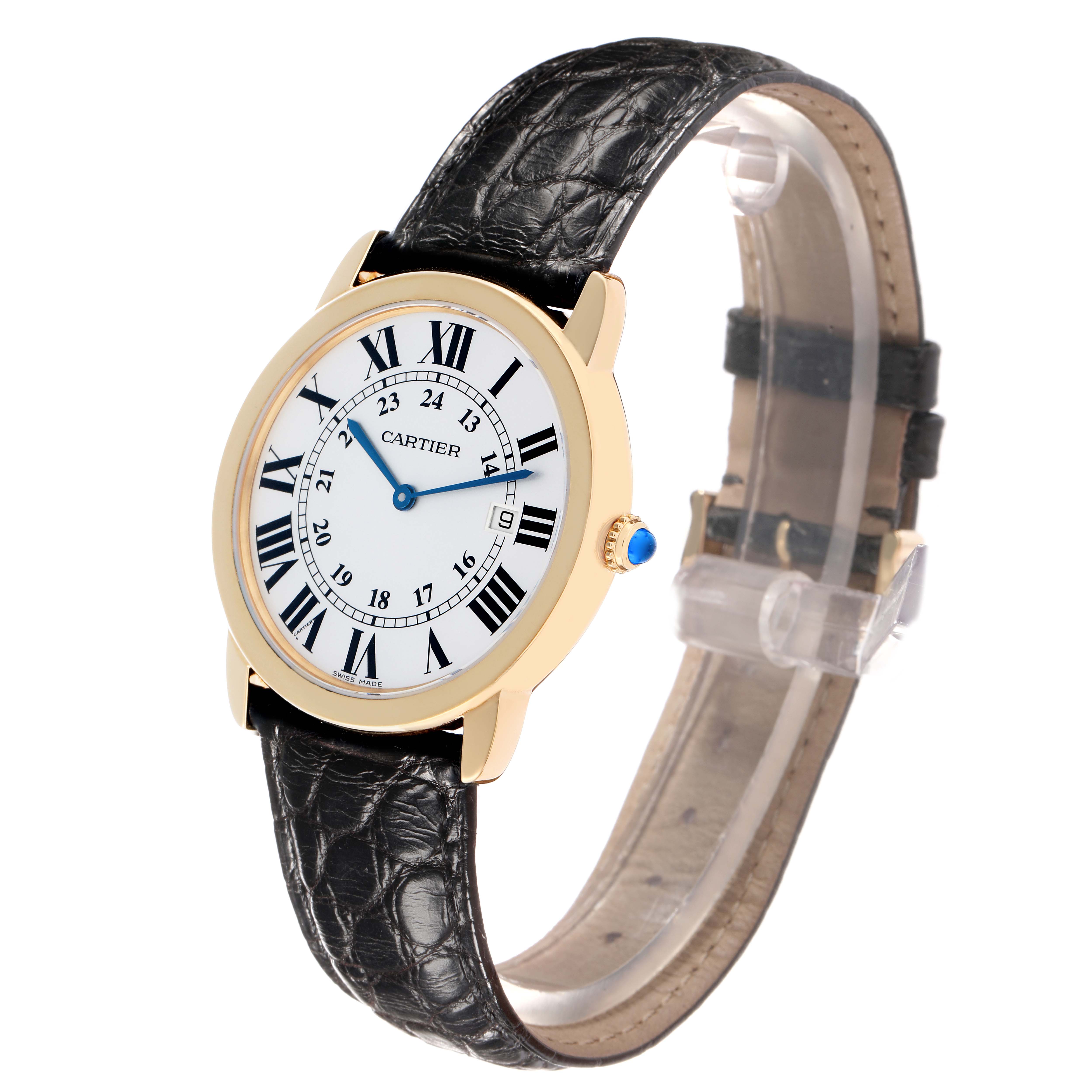The Cartier Ronde W6700455 Men
s Steel and Gold (two tone) Silver Dial watch is shown at a slight front angle, displaying the dial, black leather strap, and crown with a blue cabochon.