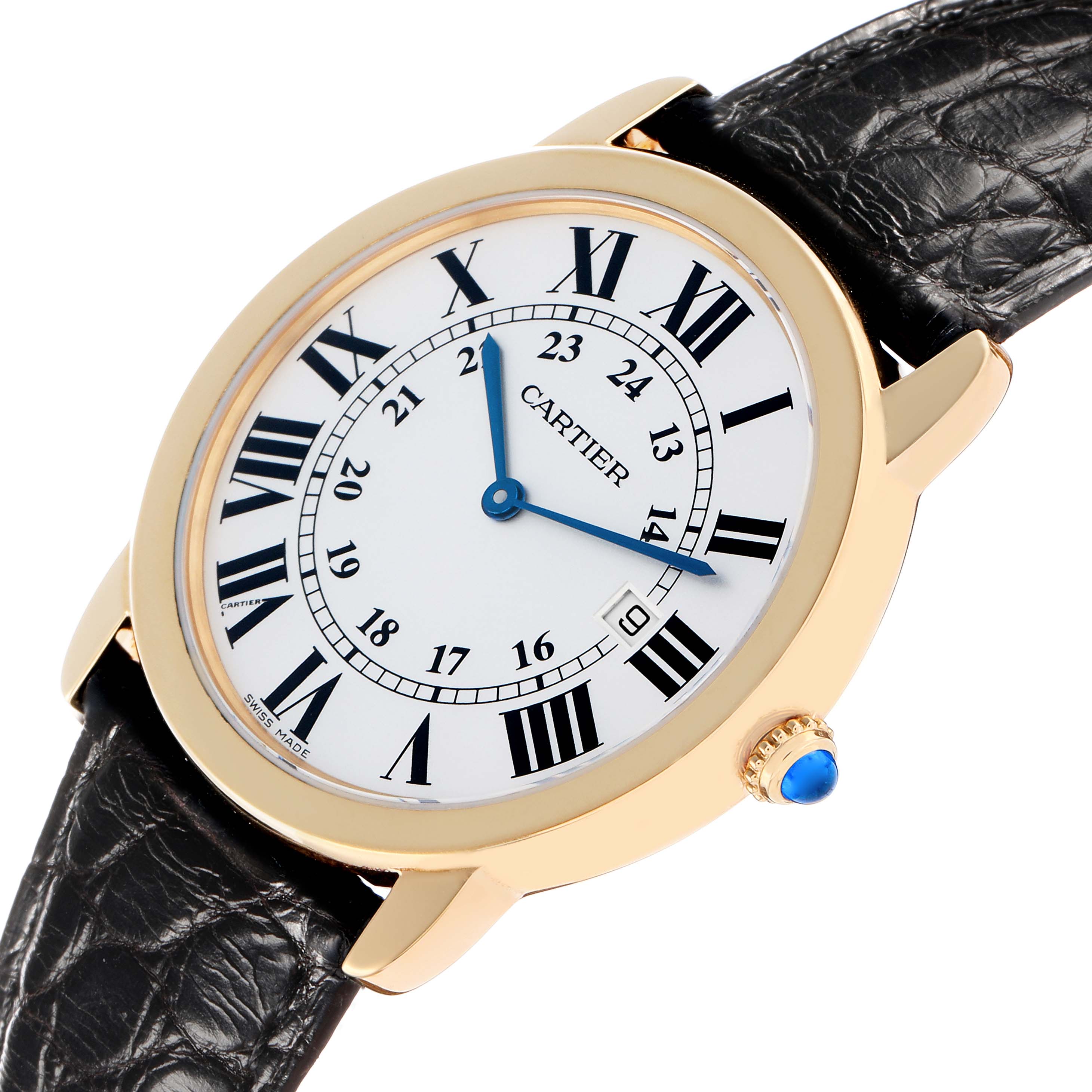 The Cartier Ronde W6700455 Men
s Steel and Gold (two tone) Silver Dial watch is shown at a slight angle, displaying its face, Roman numerals, blue hands, gold casing, and black leather strap.