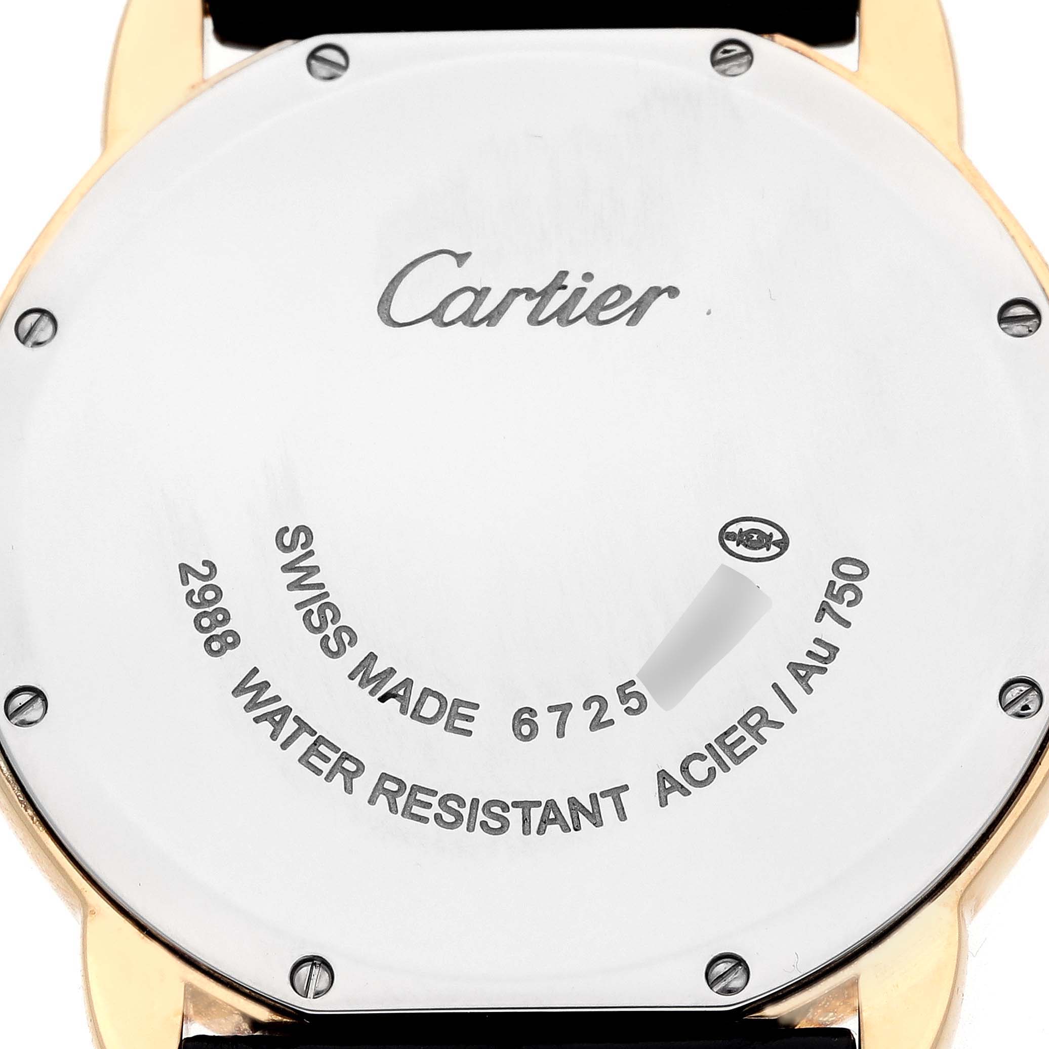 The image shows the back of a Cartier Ronde W6700455 Men
s Steel and Gold (two tone) Silver Dial watch, featuring branding and specifications.