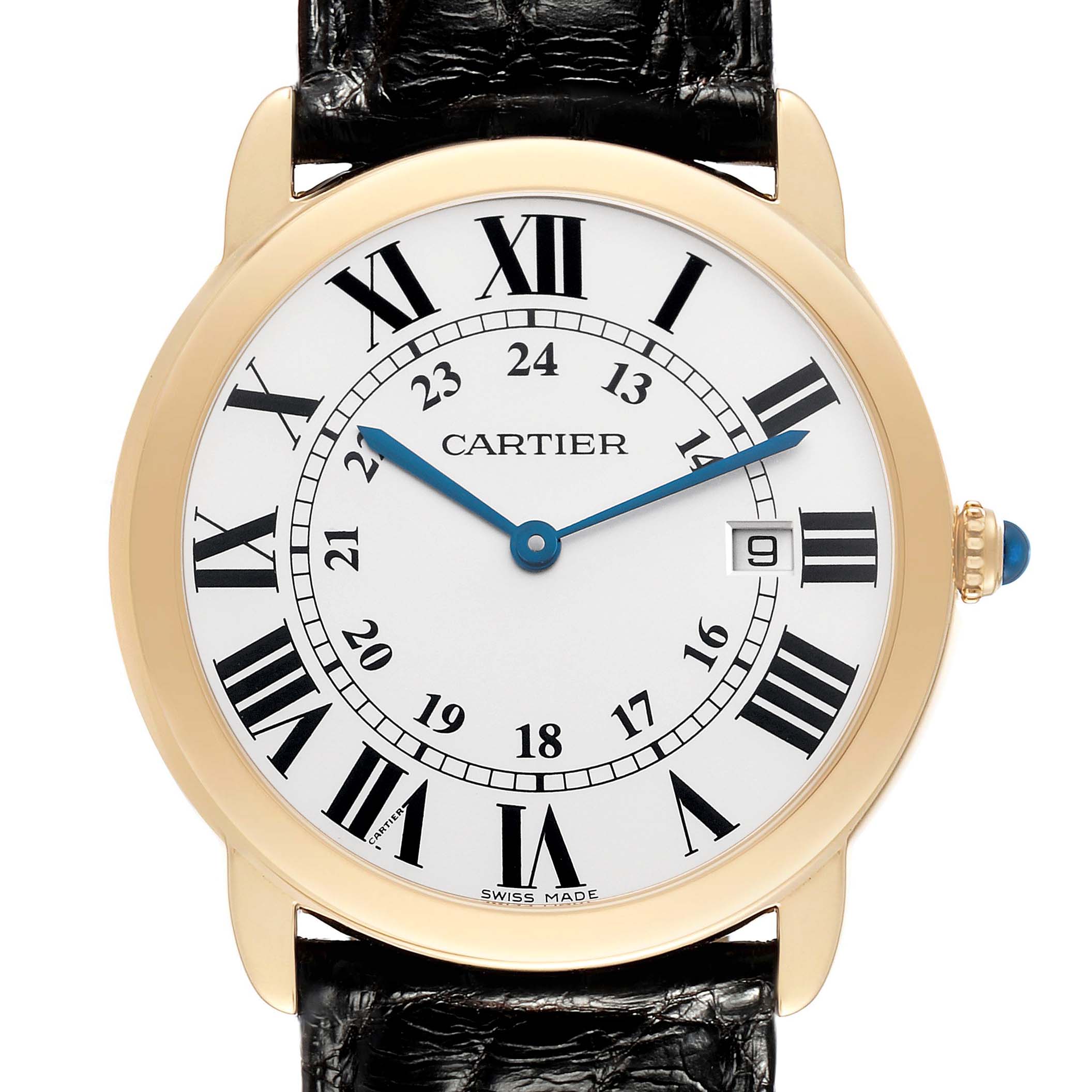 The Cartier Ronde W6700455 Men
s Steel and Gold (two tone) Silver Dial watch is shown from the front, displaying the dial, Roman numerals, hands, and part of the leather strap.