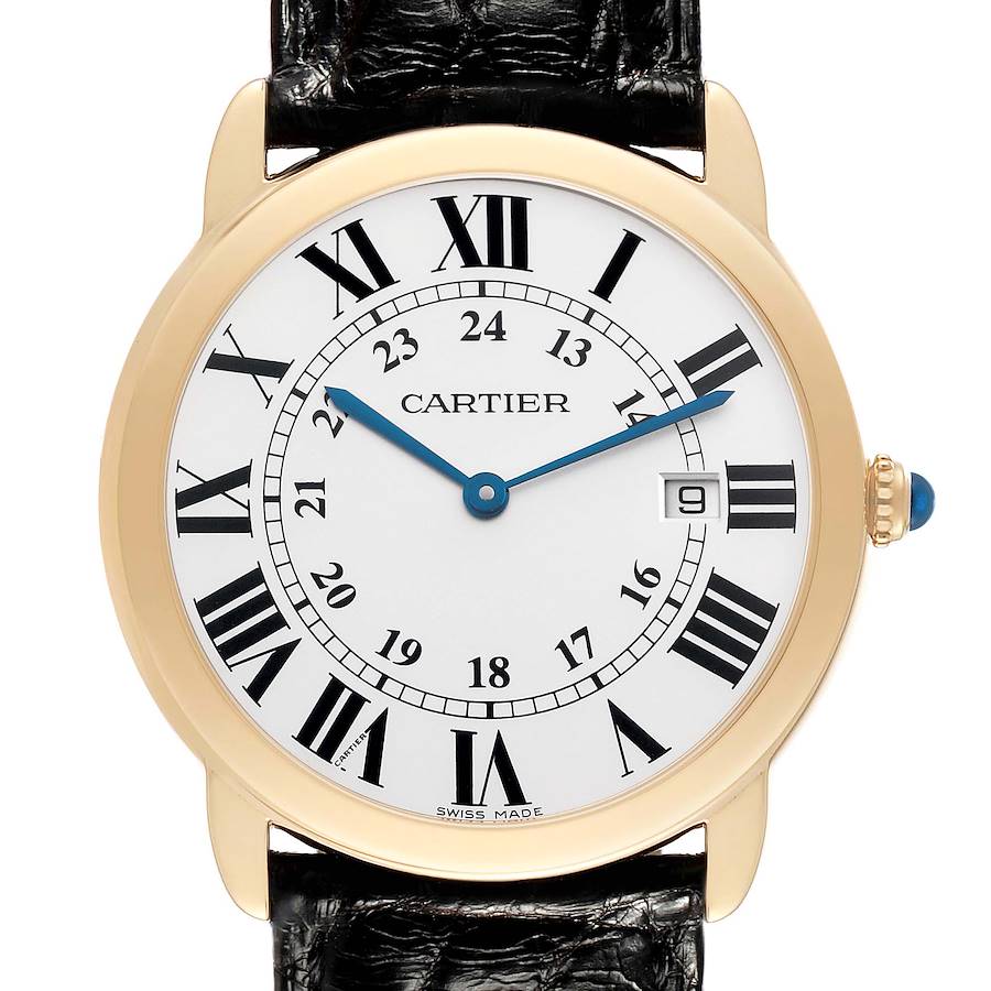 The Cartier Ronde W6700455 Men's Steel and Gold (two tone) Silver Dial watch is shown from the front, displaying the dial, Roman numerals, hands, and part of the leather strap.