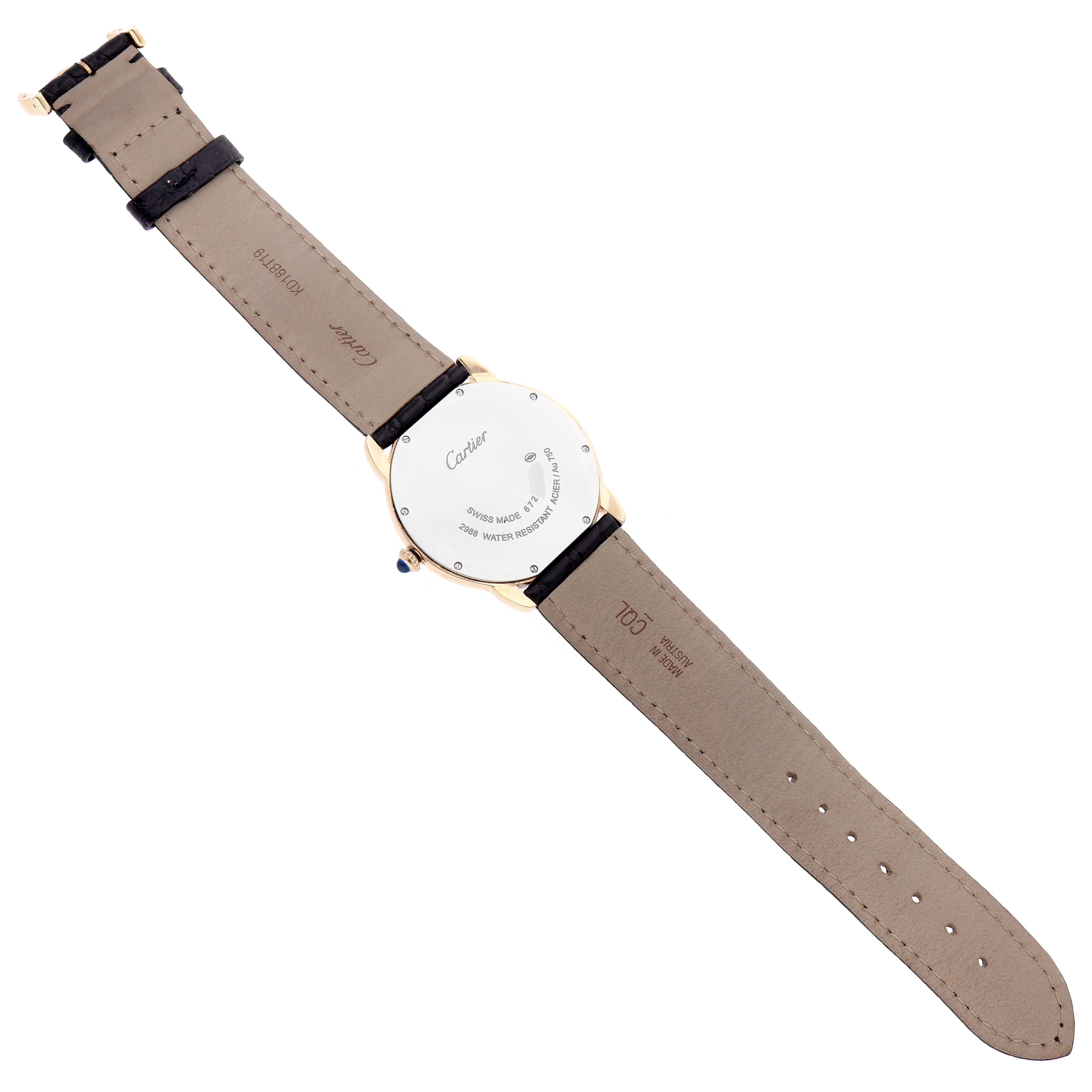 The image shows the back of the Cartier Ronde W6700455 Men
s Steel and Gold (two tone) Silver Dial watch, displaying the case back and leather strap laid flat.