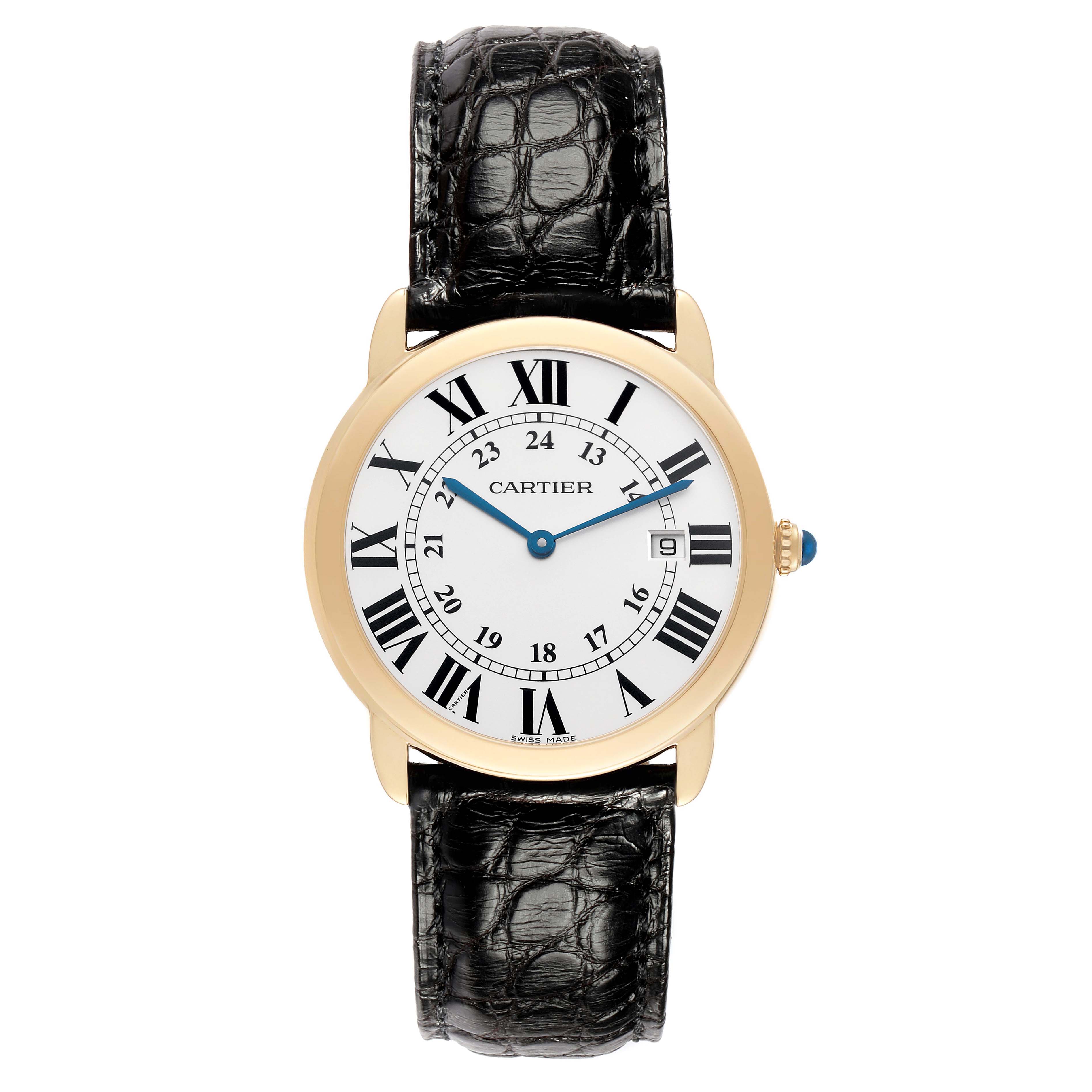 The Cartier Ronde W6700455 Men
s Steel and Gold (two tone) Silver Dial watch is shown from a front angle, displaying its dial, Roman numerals, and black leather strap.