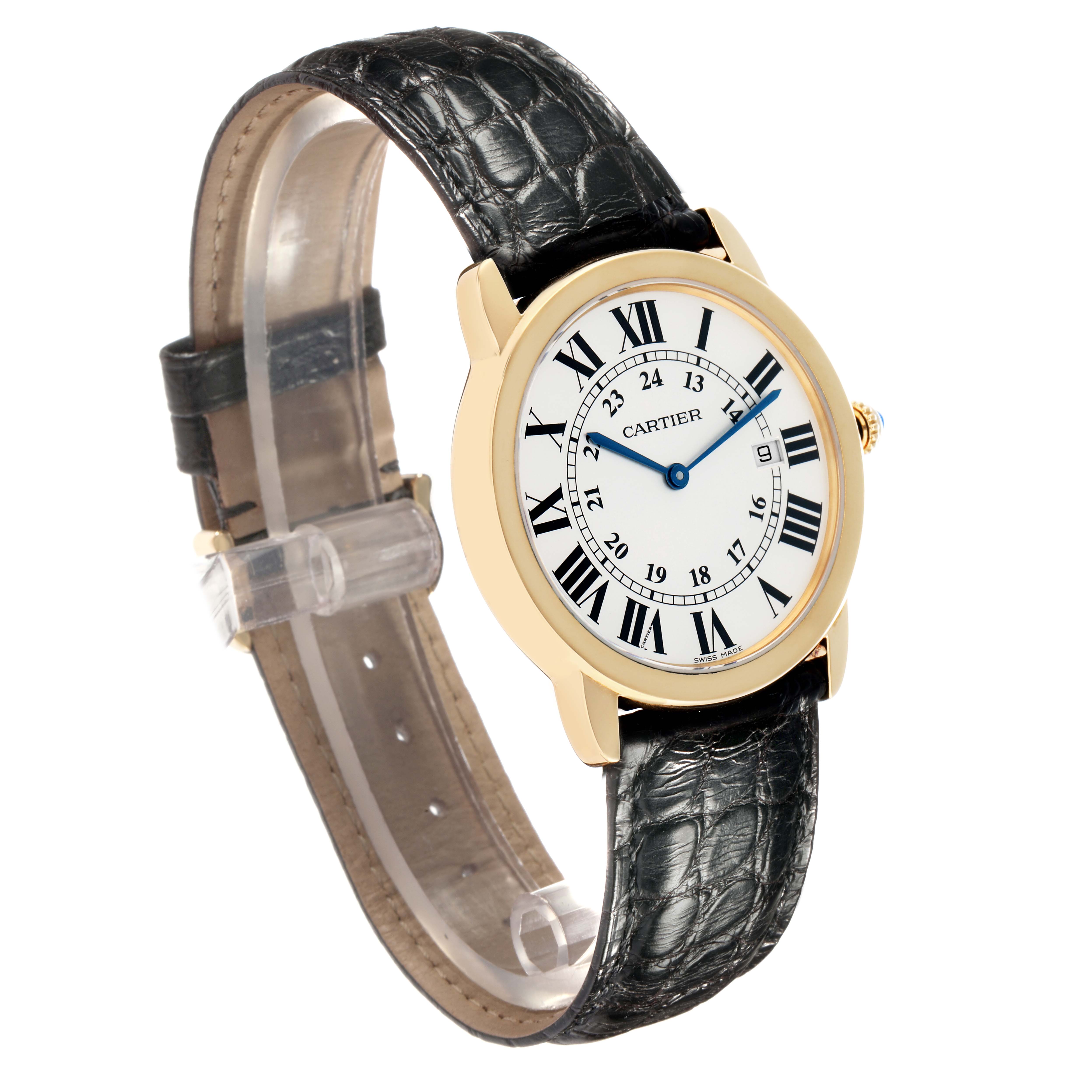 The Cartier Ronde W6700455 Men
s Steel and Gold (two tone) Silver Dial watch is shown at an angled side view, displaying the face, blue hands, Roman numerals, and leather strap.