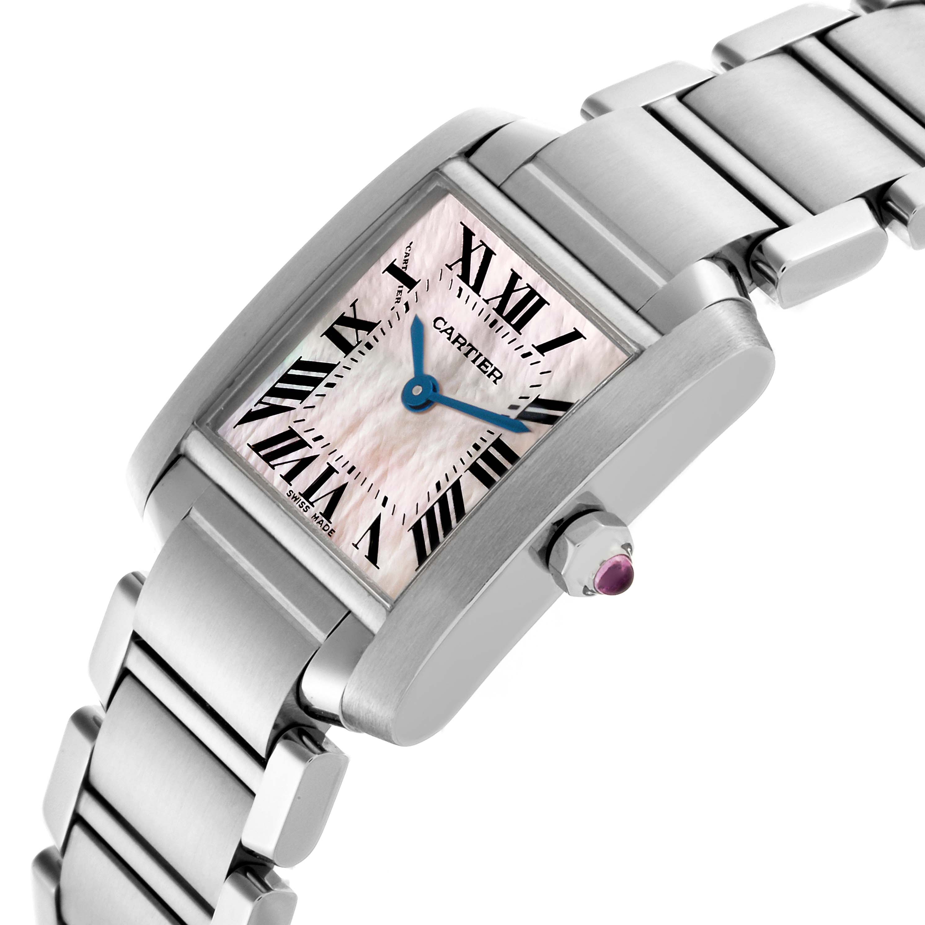 The Cartier Tank Francaise W51028Q3 Women's Stainless Steel Mother of Pearl Dial W51028Q3 Women's Stainless Steel Mother of Pearl Dial watch is shown from a side angle, displaying the face, case, crown, and part of the bracelet.