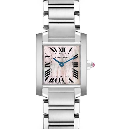 The Cartier Tank Francaise is shown from the front, highlighting the dial, bracelet, and crown.