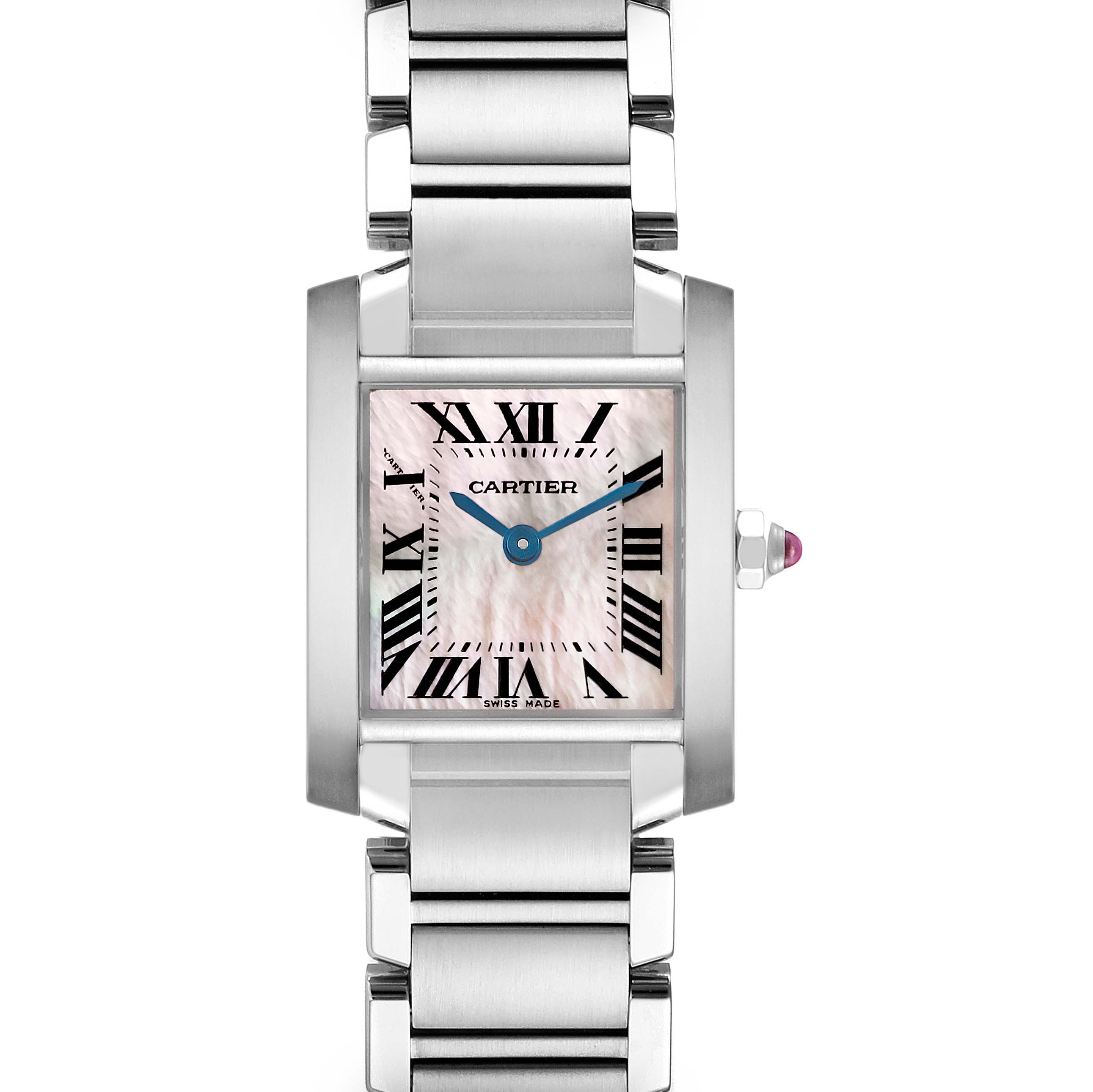 The Cartier Tank Française watch is shown from the front, highlighting the face, bracelet, and crown.