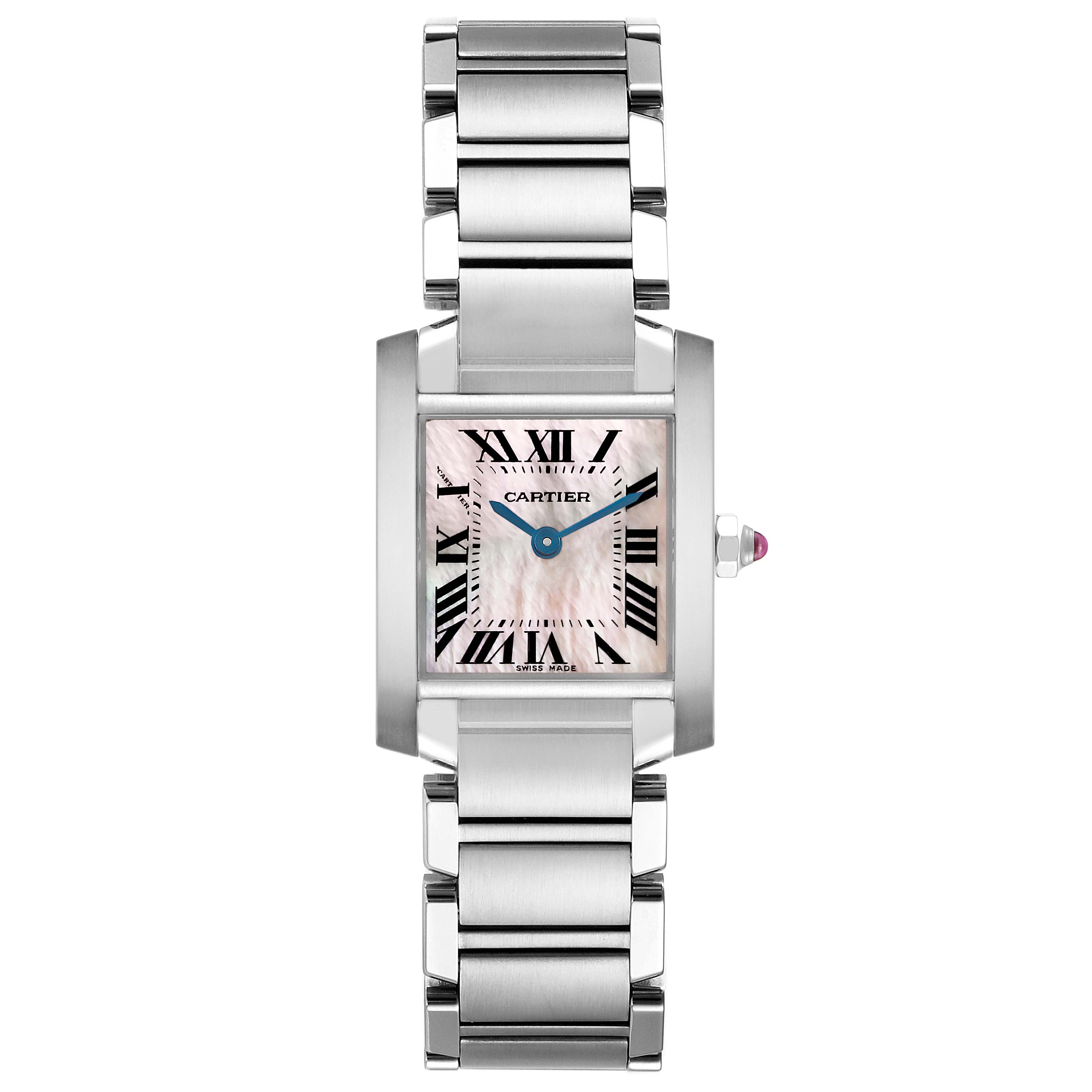 The Cartier Tank Francaise W51028Q3 Women's Stainless Steel Mother of Pearl Dial W51028Q3 Women's Stainless Steel Mother of Pearl Dial watch is shown from a front angle, highlighting its face and full bracelet.