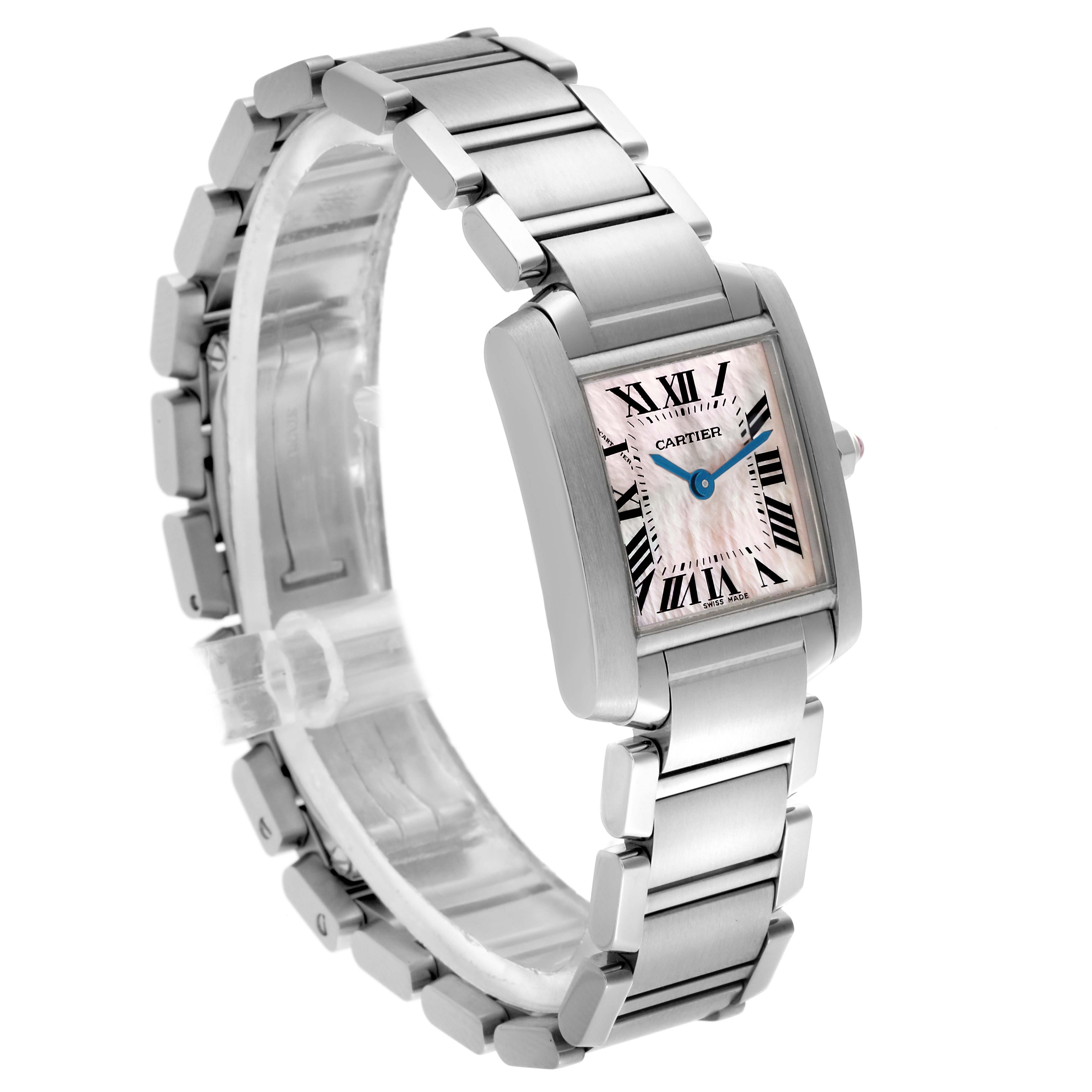 The Cartier Tank Francaise W51028Q3 Women's Stainless Steel Mother of Pearl Dial W51028Q3 Women's Stainless Steel Mother of Pearl Dial watch is shown at a three-quarter angle highlighting the face, bracelet, and clasp.