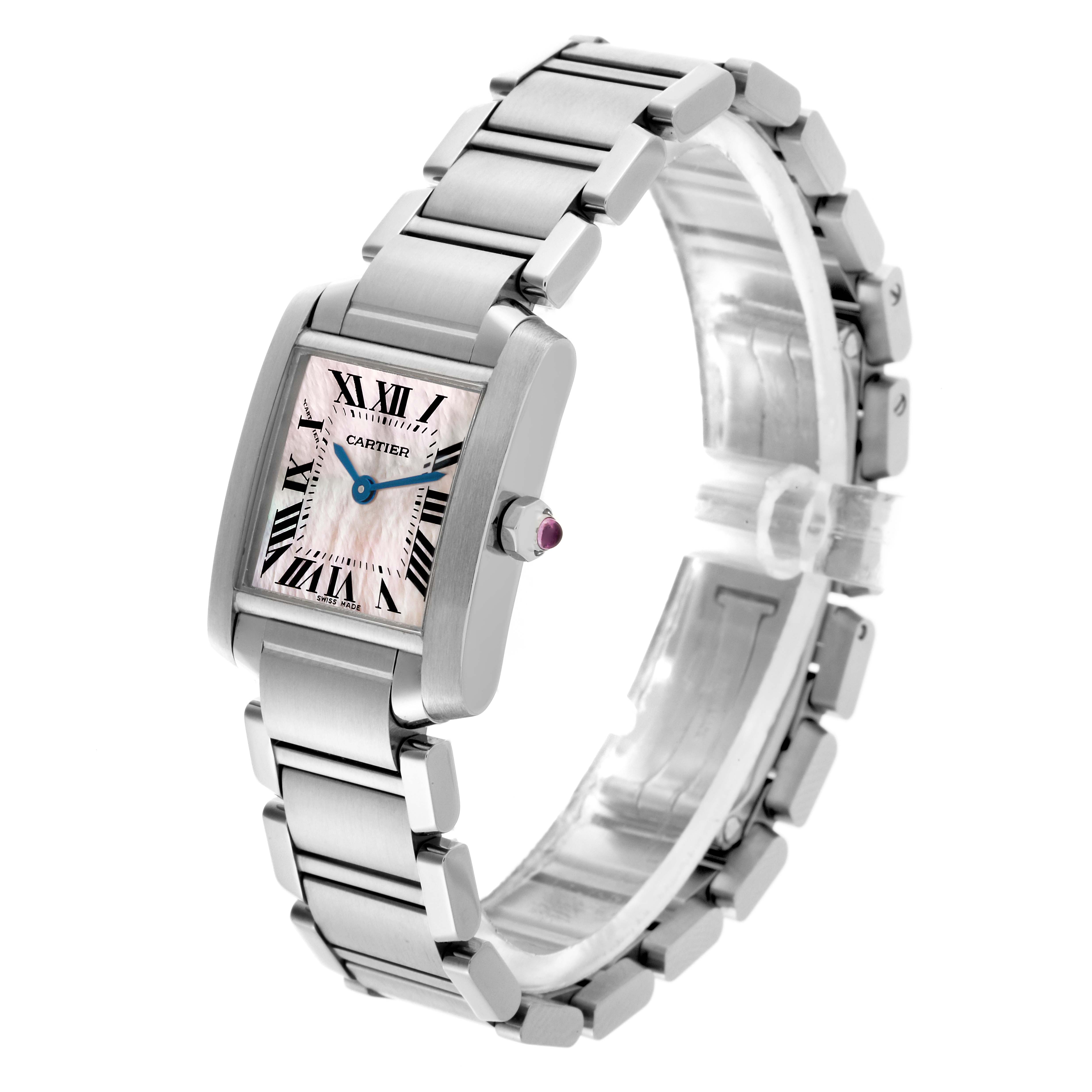 The Cartier Tank Française watch is shown at a slight side angle, highlighting the face, bracelet, and crown.