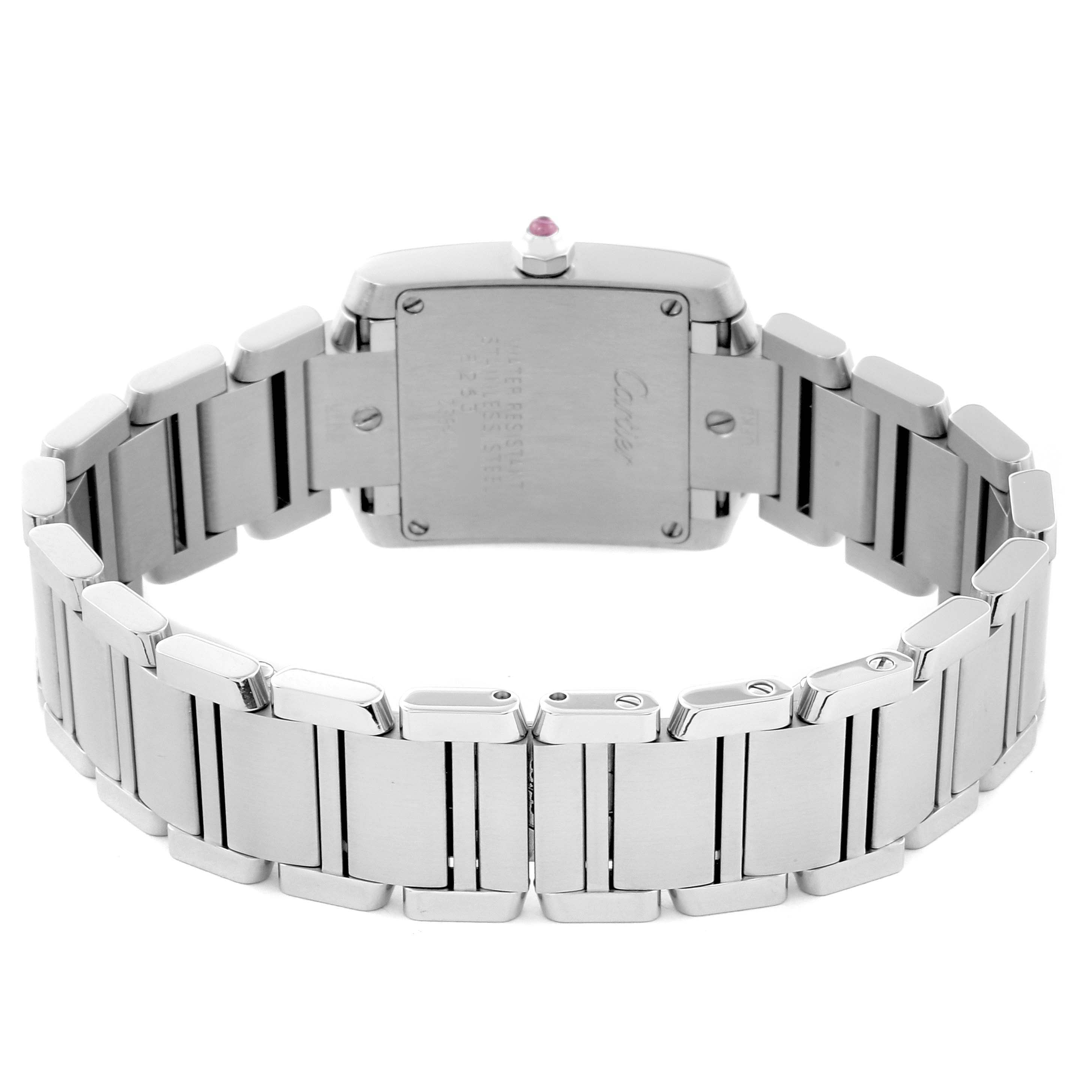 The image shows the back and bracelet of a Cartier Tank Française watch, emphasizing its clasp and links.