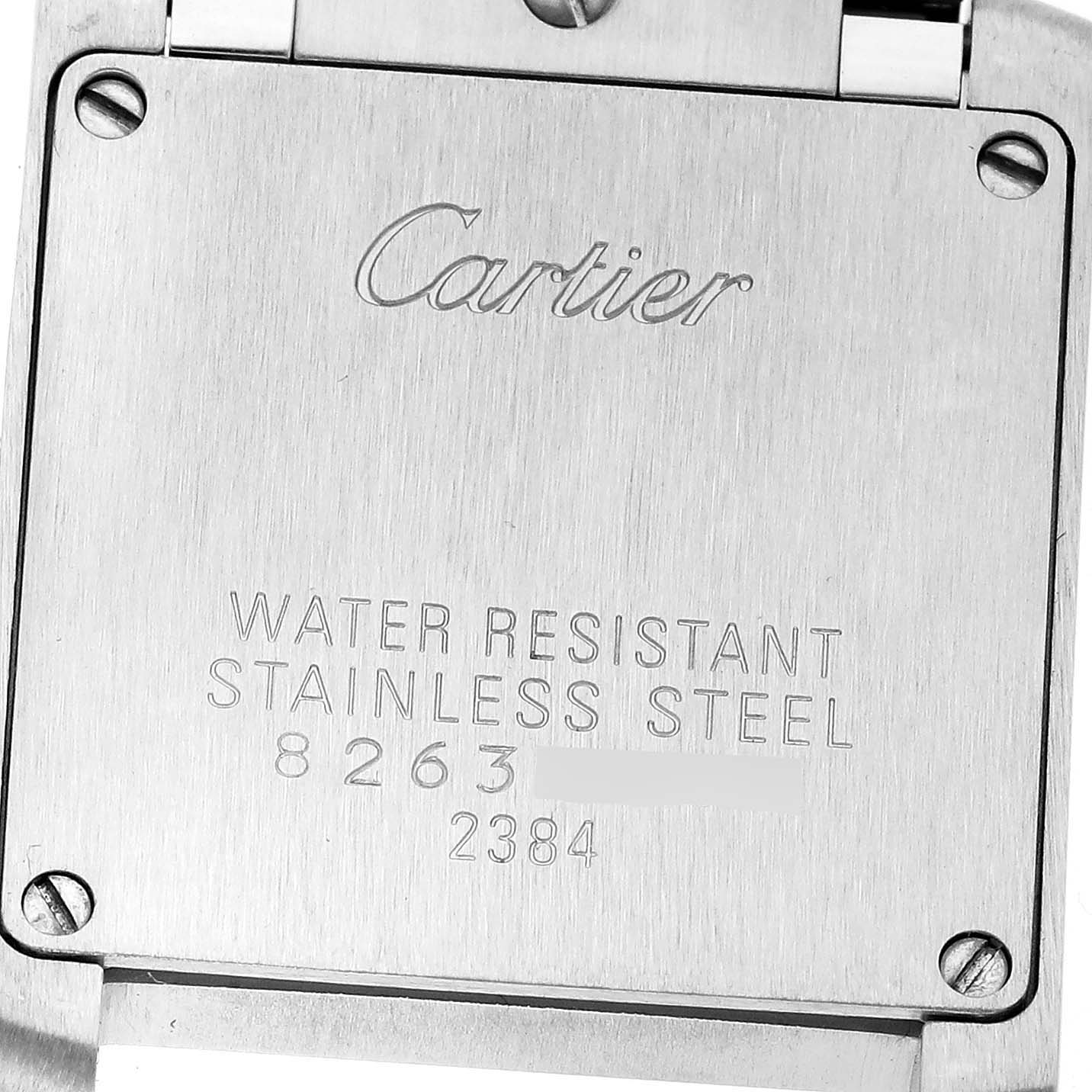 The image shows the back of a Cartier Tank Française watch, highlighting its water resistance and stainless steel material.