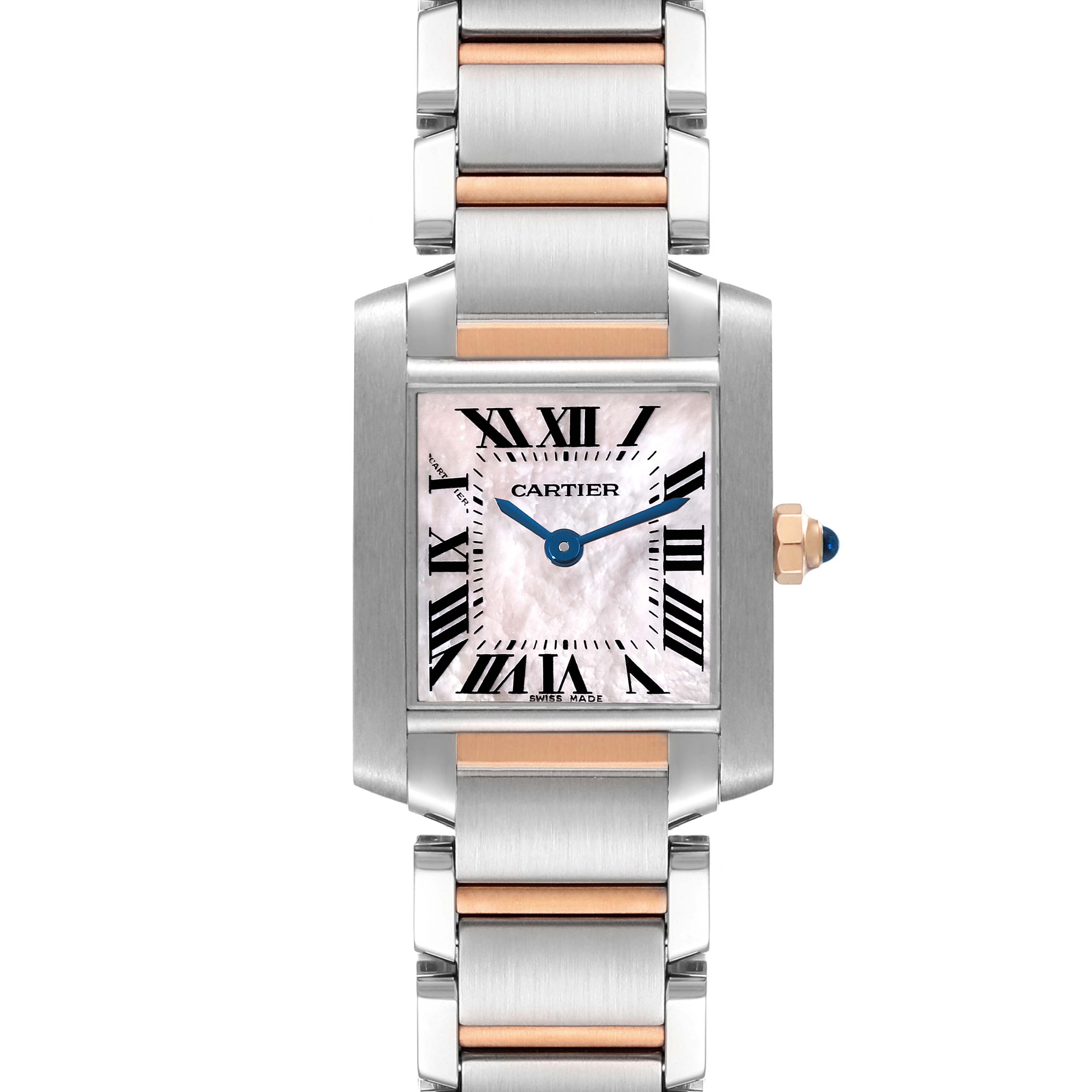 This image shows a front-facing view of the Cartier Tank Francaise W51027Q4 Women's Steel and Gold (two tone) Mother of Pearl Dial W51027Q4 Women's Steel and Gold (two tone) Mother of Pearl Dial watch, highlighting its rectangular dial and metal bracelet.