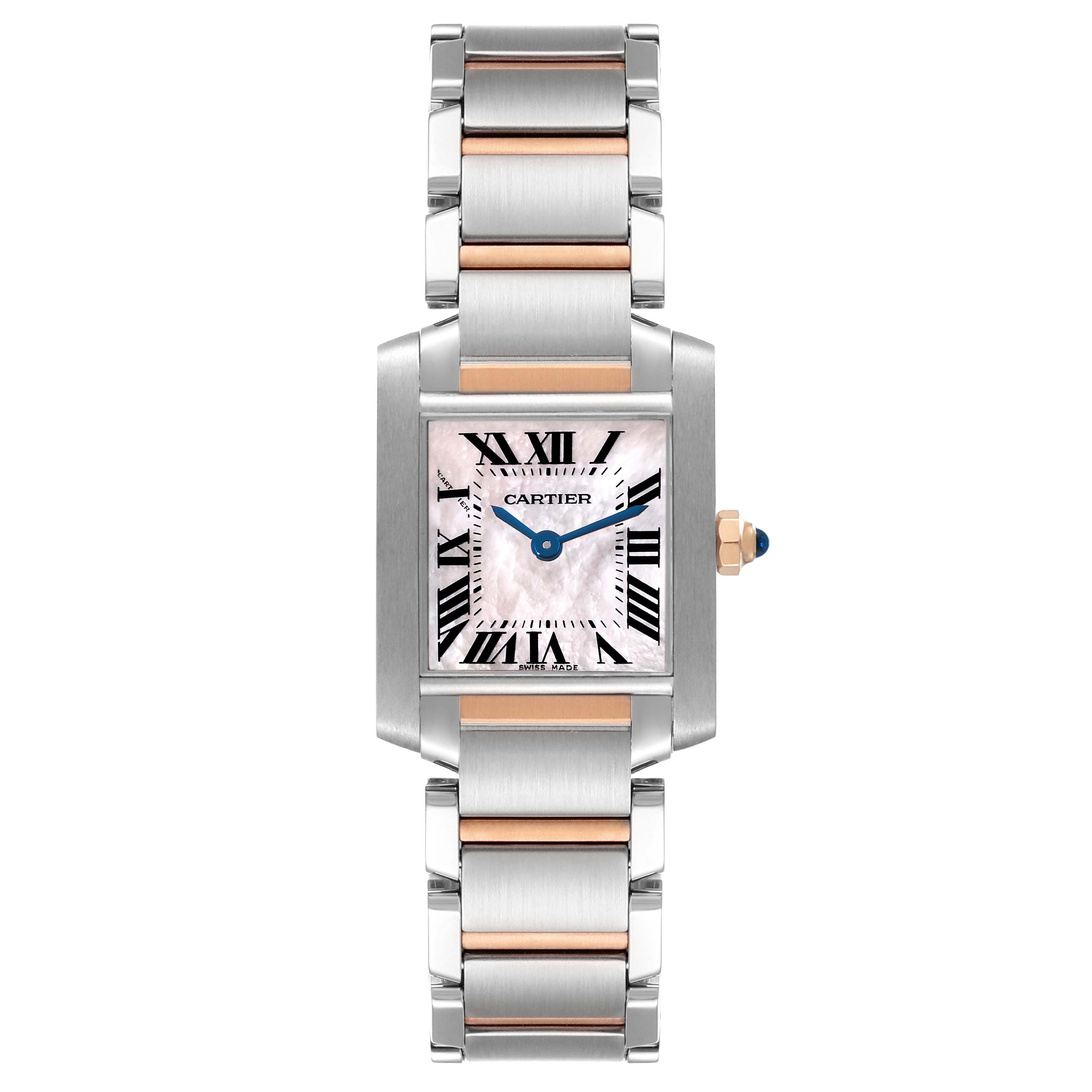 This image shows a front view of a Tank Francaise model by Cartier, highlighting its bracelet and square face with Roman numerals.