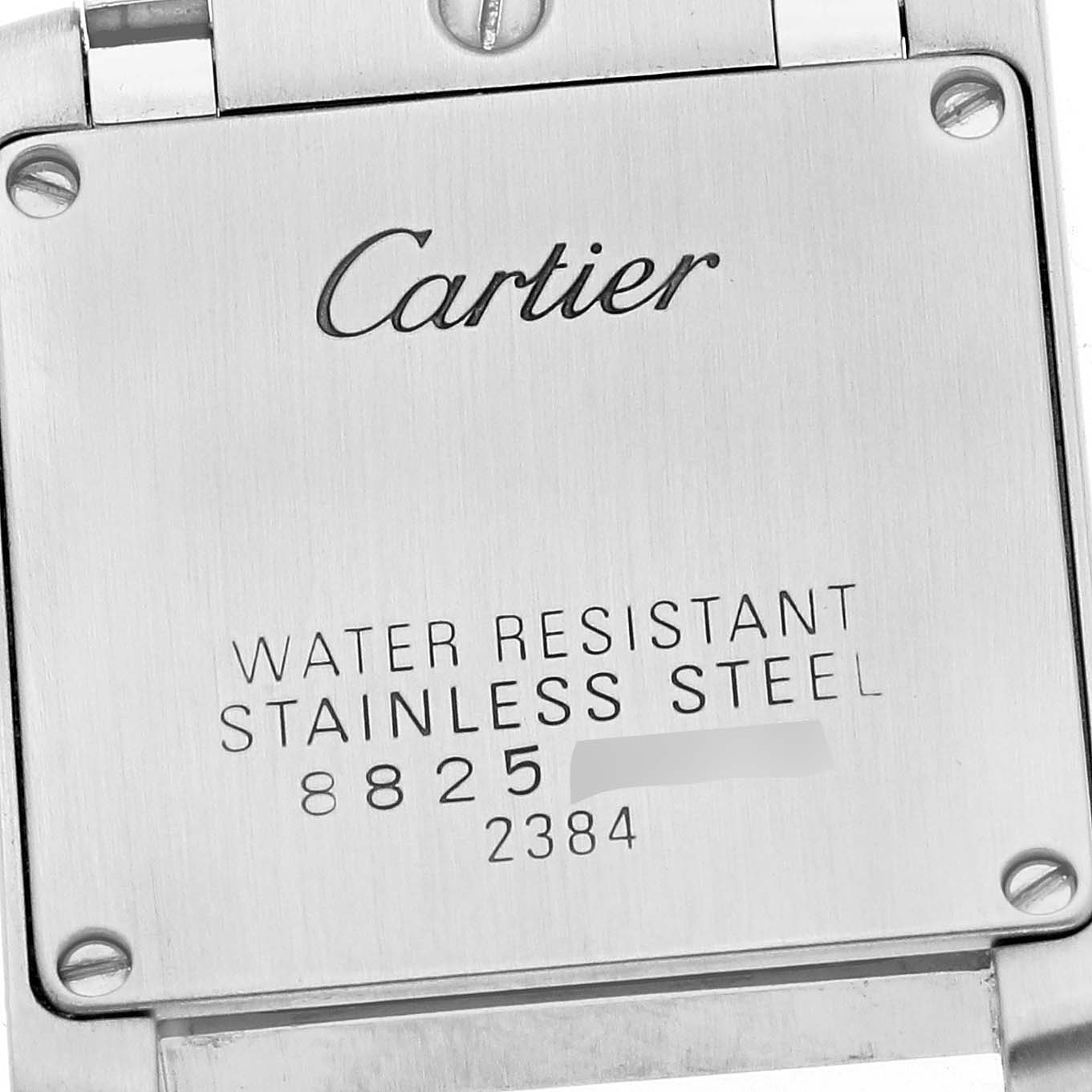 The image shows the back case of a Cartier Tank Française watch, highlighting its stainless steel and water-resistant features.
