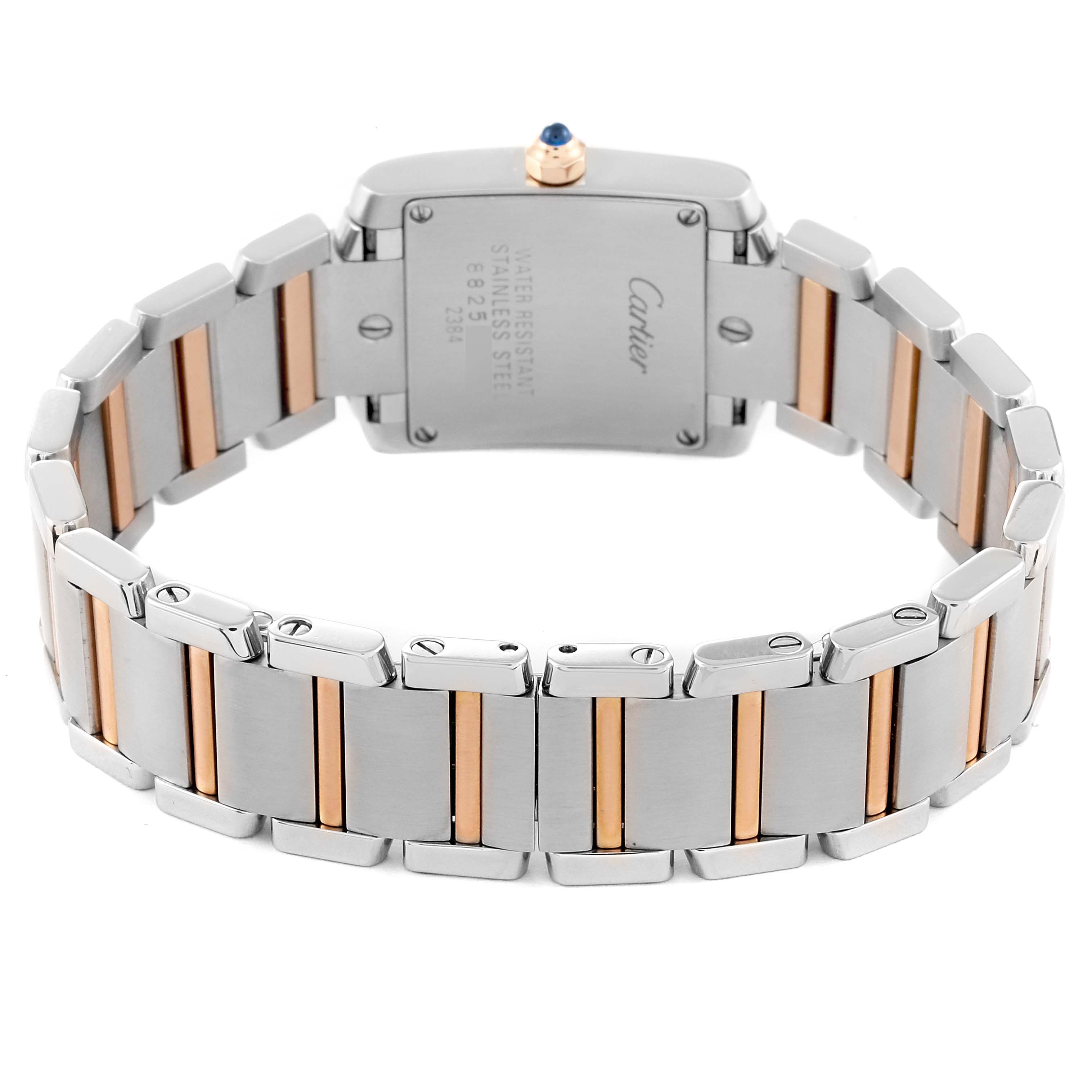 The image shows the back view of a Cartier Tank Française watch, highlighting the bracelet with a mix of steel and gold links.