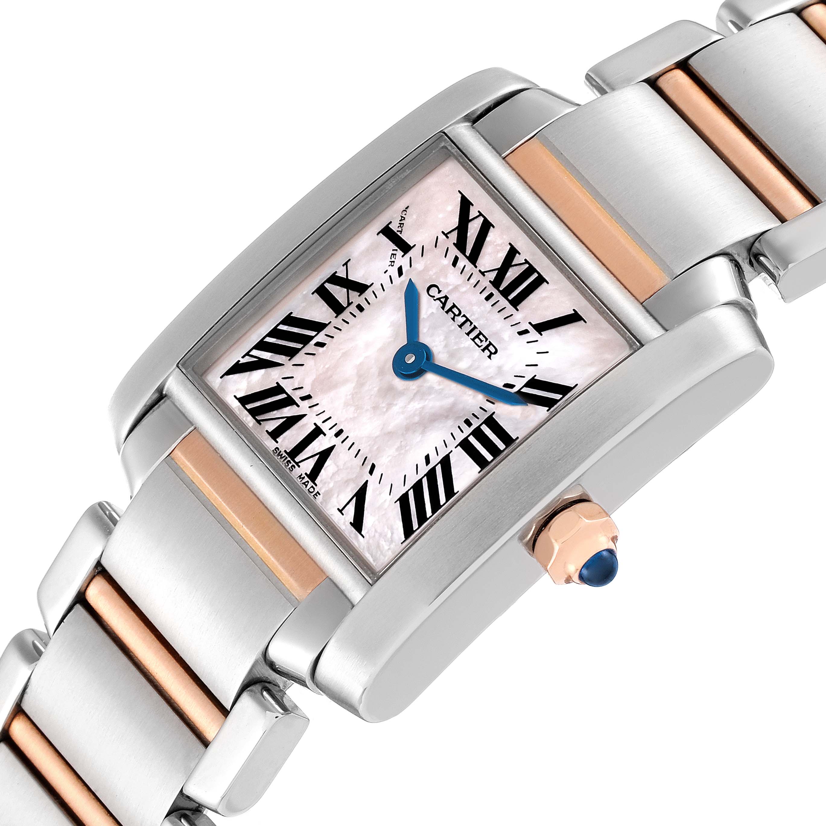 The Cartier Tank Francaise W51027Q4 Women's Steel and Gold (two tone) Mother of Pearl Dial W51027Q4 Women's Steel and Gold (two tone) Mother of Pearl Dial watch is shown at an oblique angle, highlighting the face, bezel, crown, and part of the band.