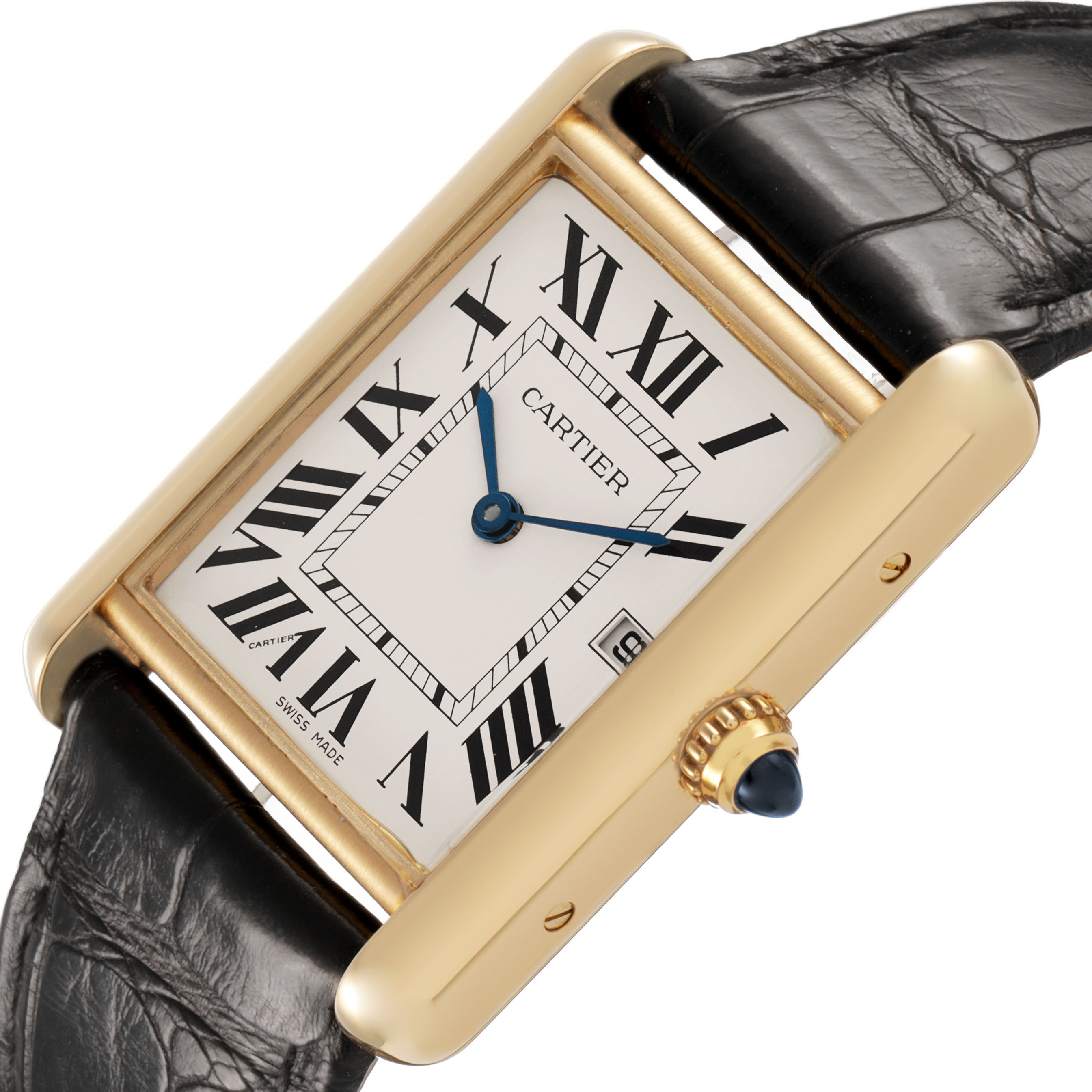 The Cartier Tank Louis W1529756 Women's Yellow Gold Silver Dial watch is shown at a slight angle, highlighting the case, dial with Roman numerals, blue hands, crown, and leather strap.