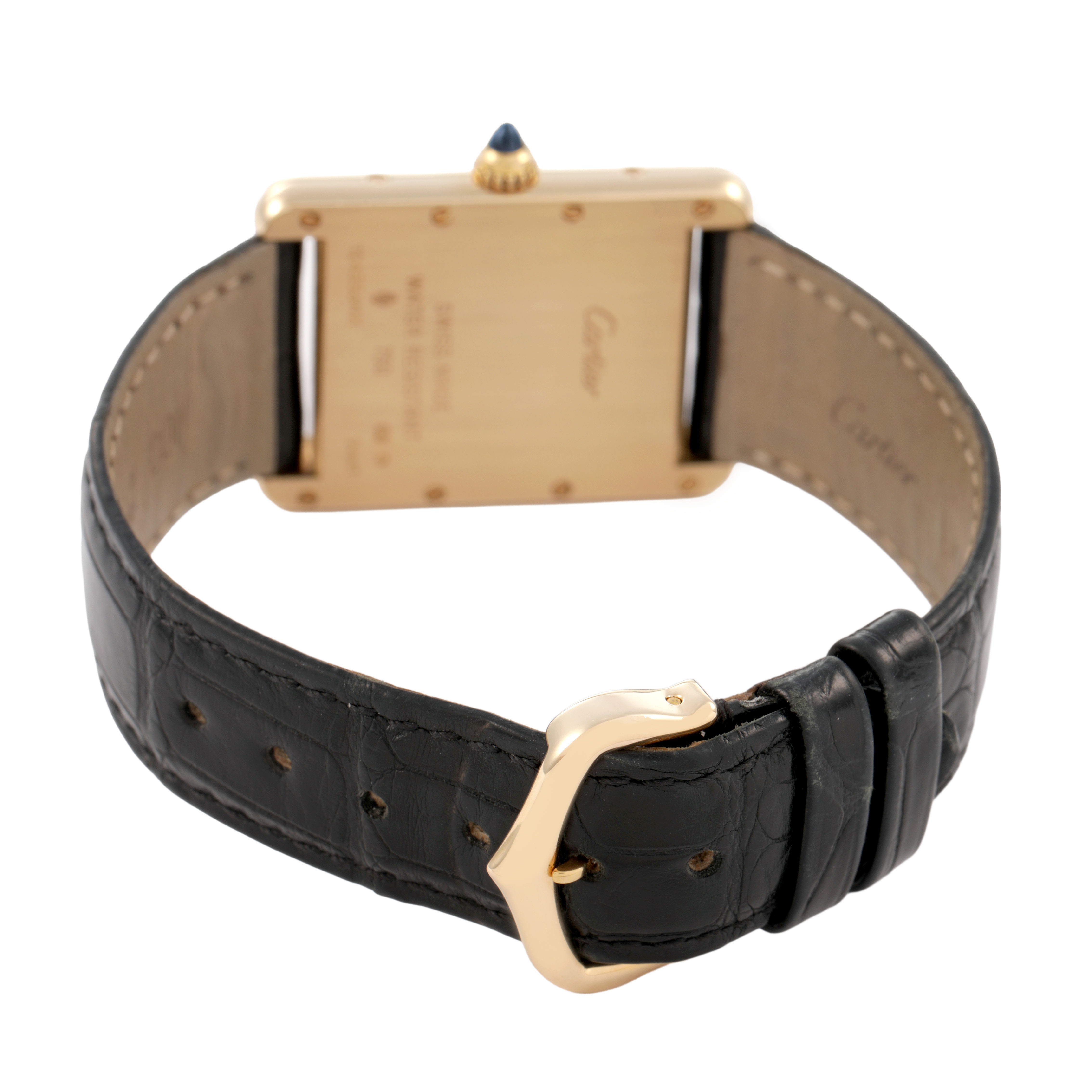 The image shows the back of the Cartier Tank Louis W1529756 Women's Yellow Gold Silver Dial watch, highlighting the gold case, strap, and buckle.