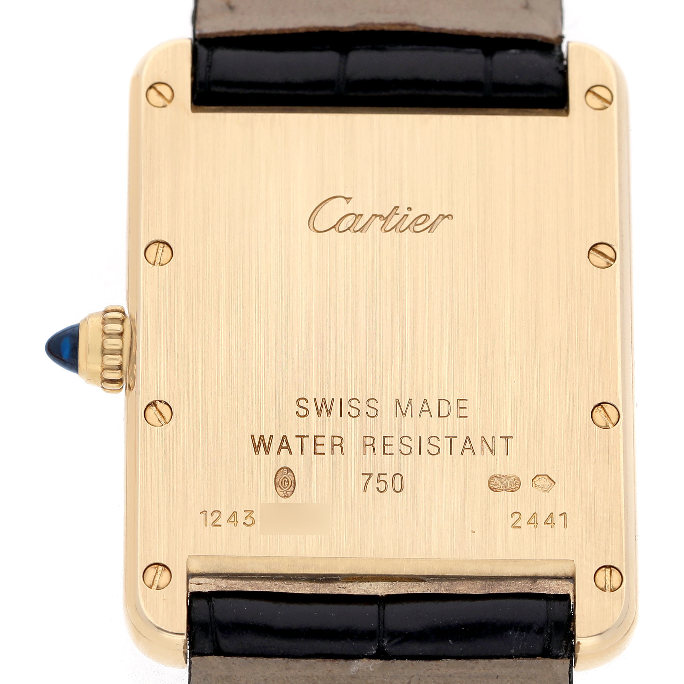 The image shows the back case of the Cartier Tank Louis W1529756 Women's Yellow Gold Silver Dial watch, featuring engravings and a blue cabochon crown.