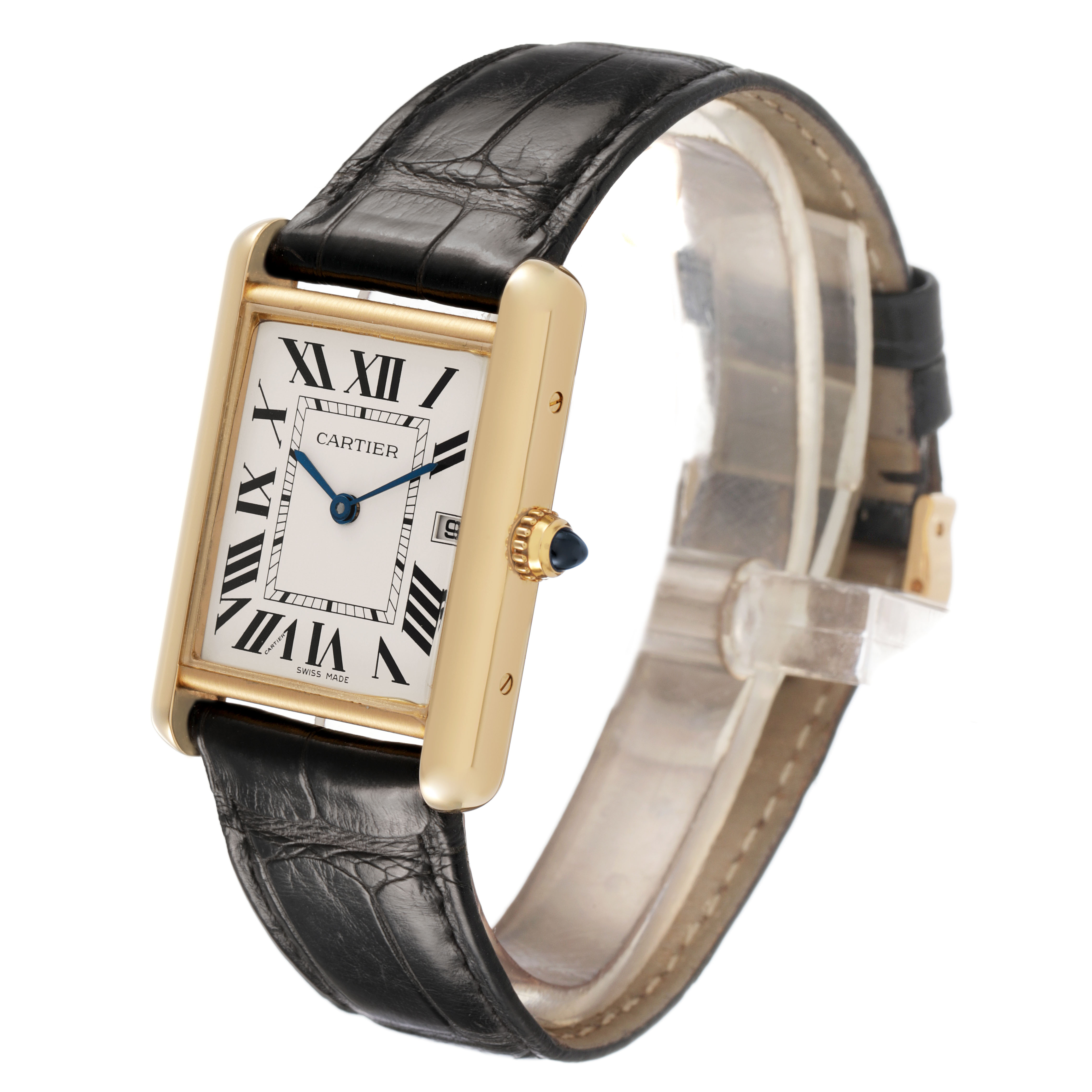The Cartier Tank Louis W1529756 Women's Yellow Gold Silver Dial watch is shown at a three-quarter angle, displaying the face, crown, and strap.
