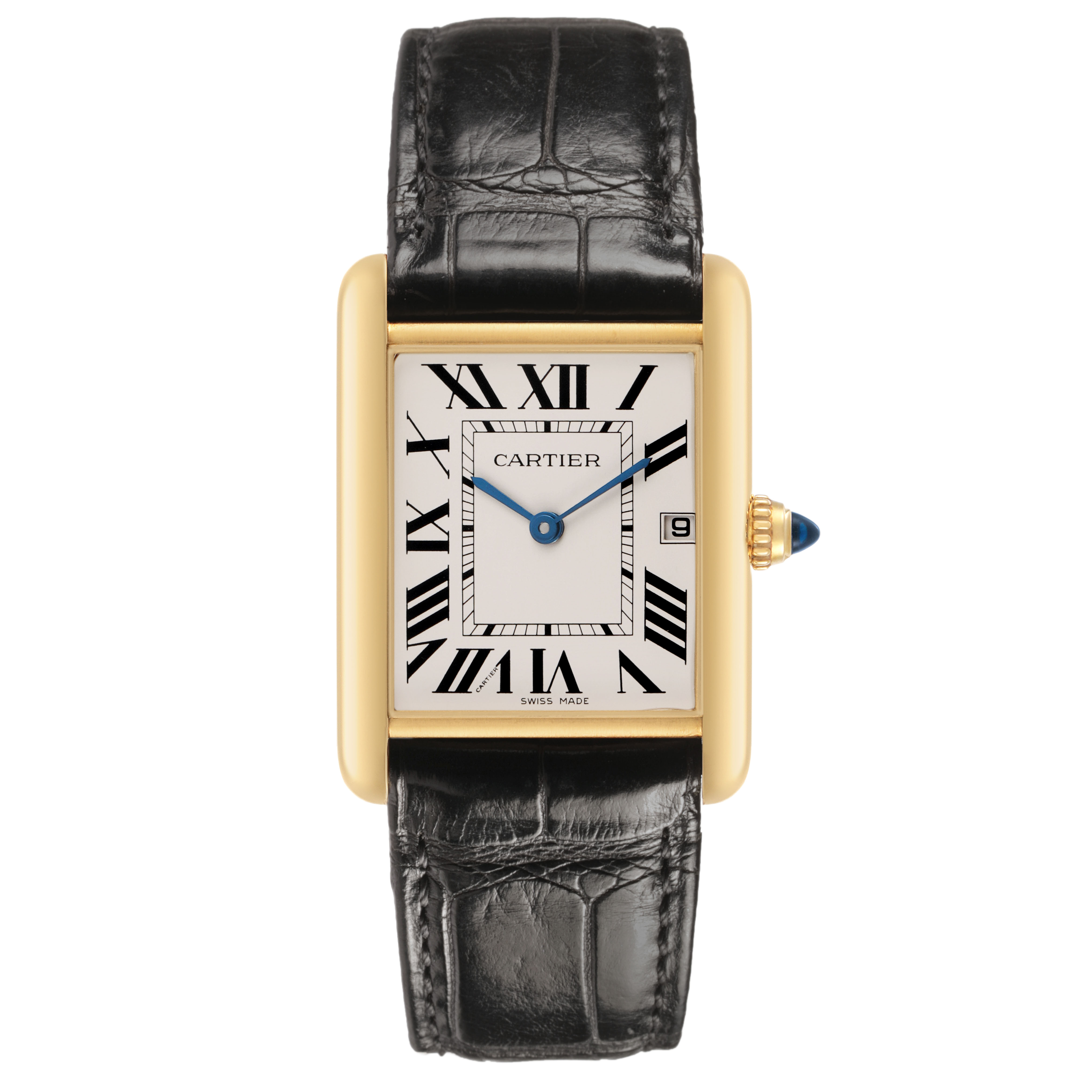 The Cartier Tank Louis W1529756 Women's Yellow Gold Silver Dial watch is shown from a front view, highlighting the face, roman numerals, and leather strap.