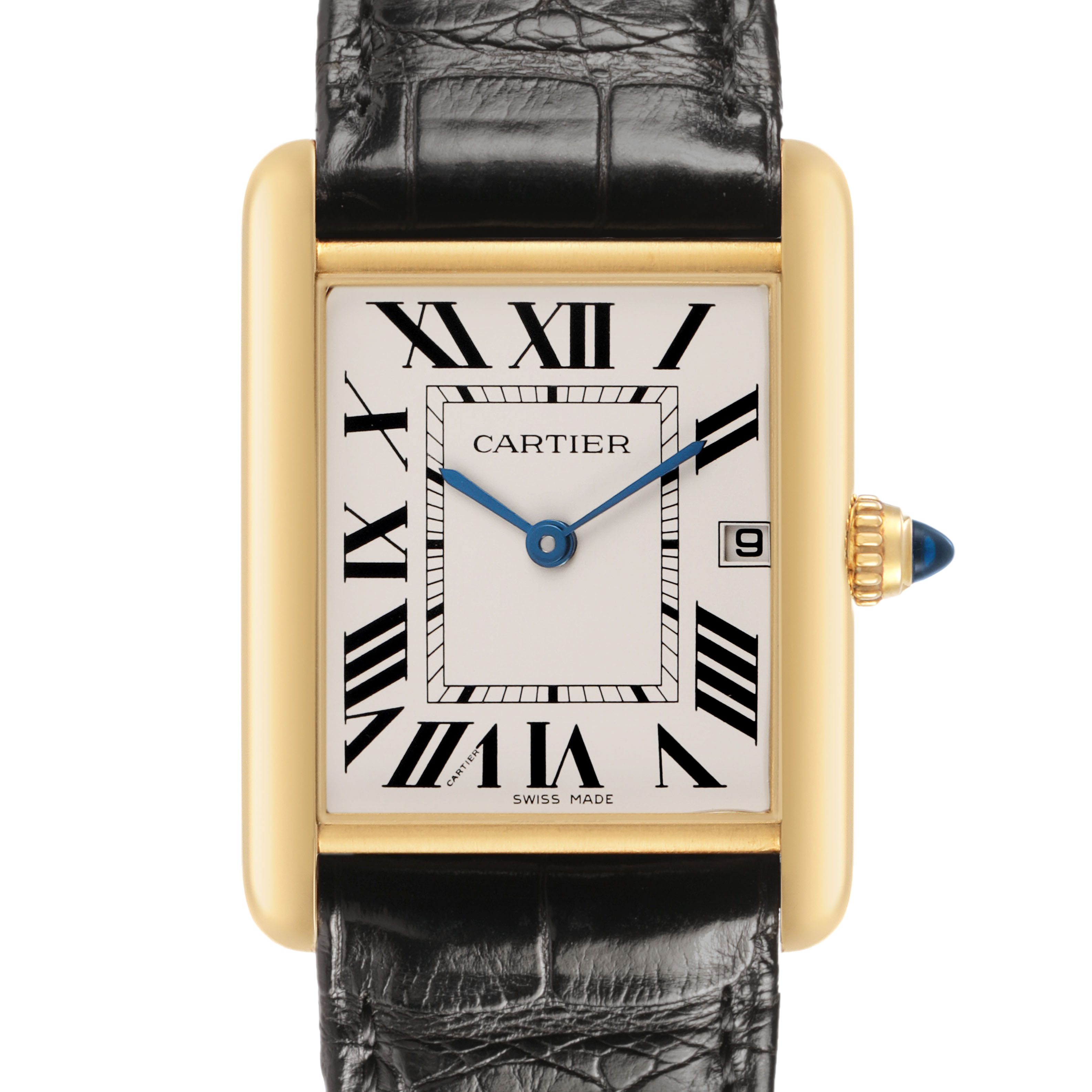 The Cartier Tank Louis W1529756 Women's Yellow Gold Silver Dial watch is shown from the front, displaying its rectangular face, Roman numerals, gold case, blue hands, and leather strap.