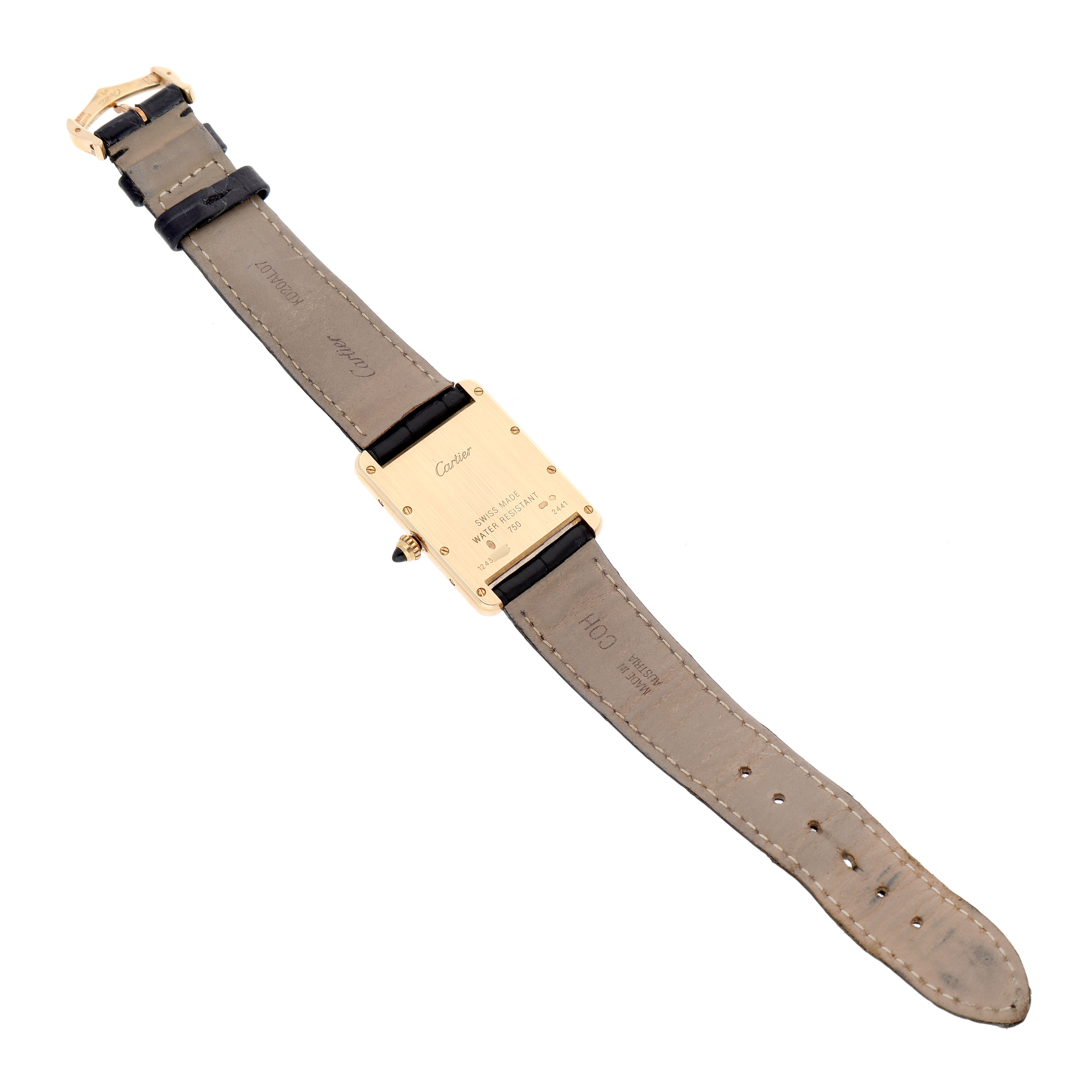 The image shows the back of a Cartier Tank Louis W1529756 Women's Yellow Gold Silver Dial watch, highlighting the case back and leather strap.