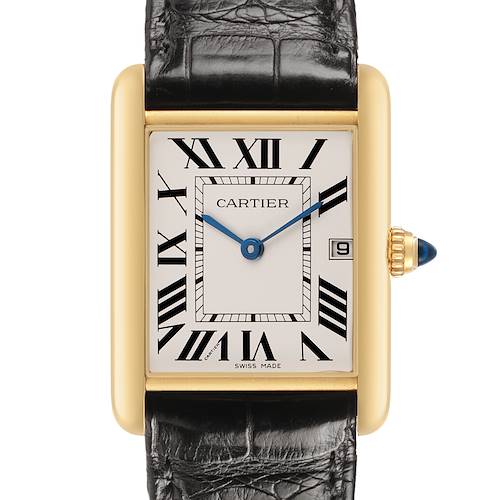 The Cartier Tank Louis W1529756 Women's Yellow Gold Silver Dial watch is shown from the front, highlighting the face, rectangular case, and strap.