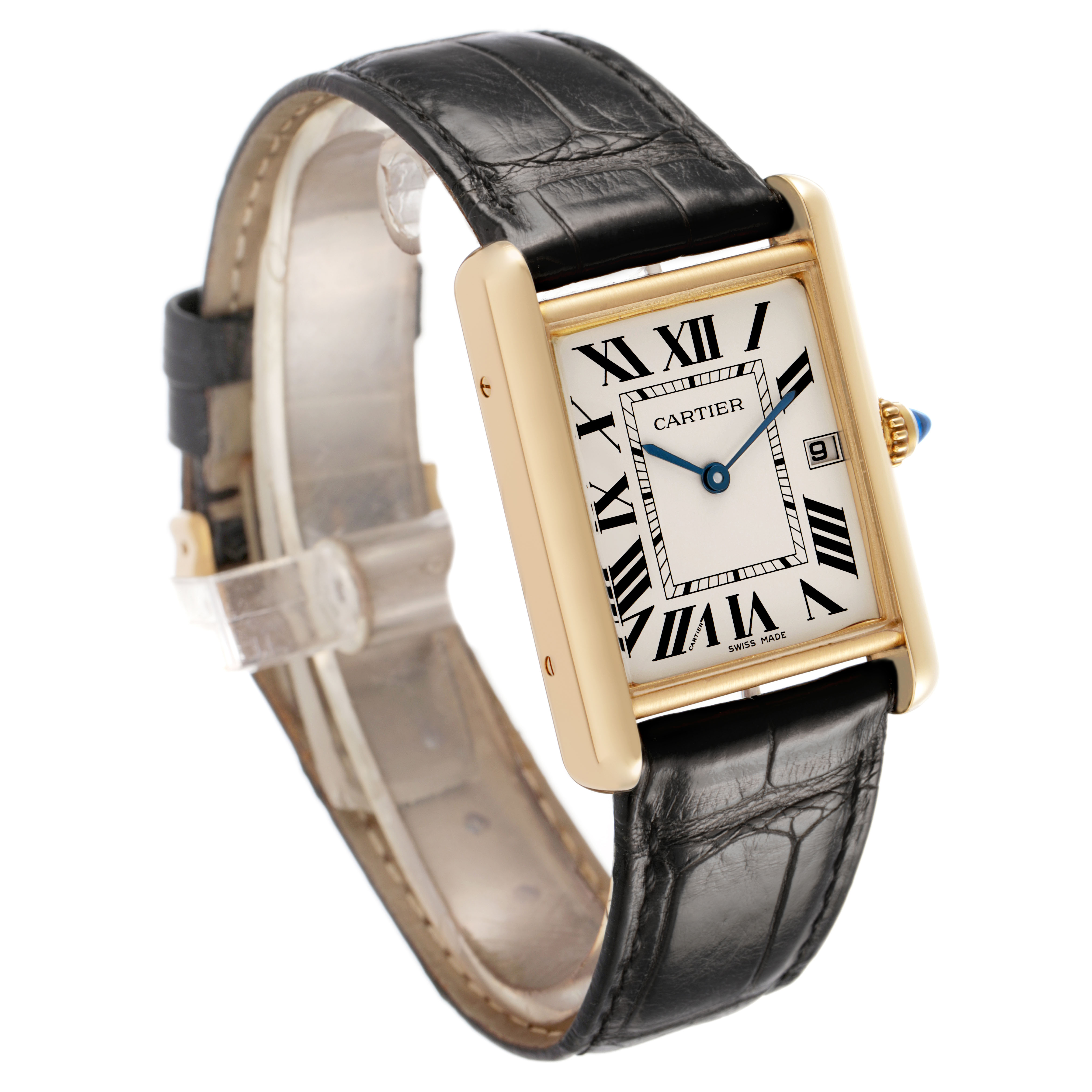 The Cartier Tank Louis W1529756 Women's Yellow Gold Silver Dial watch is shown at a three-quarter angle, displaying its face, Roman numerals, and black leather strap.