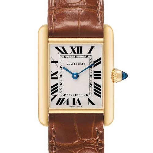 The Cartier Tank Louis W1529856 Women's Yellow Gold Silver Dial watch is shown from the front, featuring its rectangular face, Roman numerals, and brown leather strap.