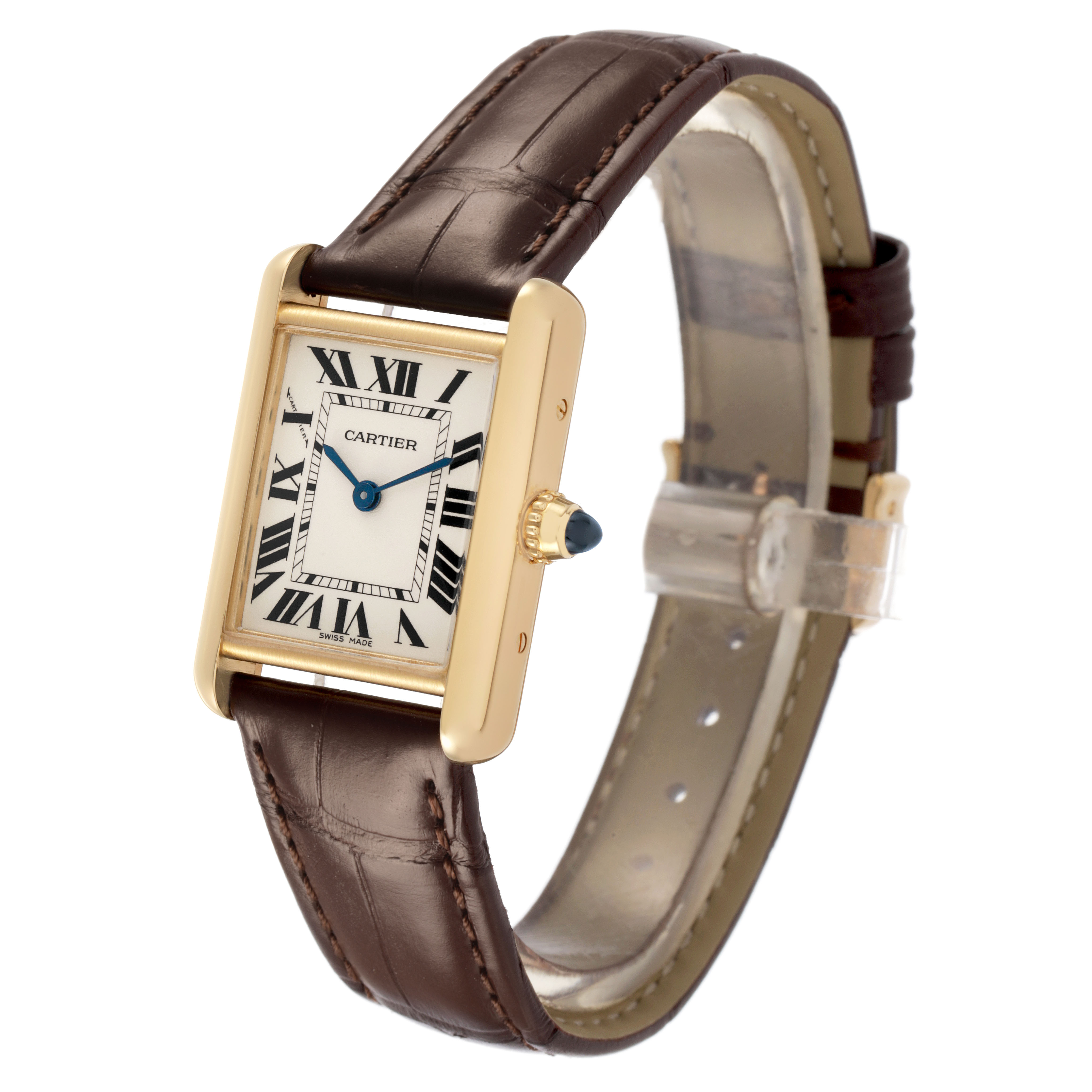 The Cartier Tank Louis W1529856 Women's Yellow Gold Silver Dial watch is shown at an angle highlighting its face, case, crown, and leather strap.