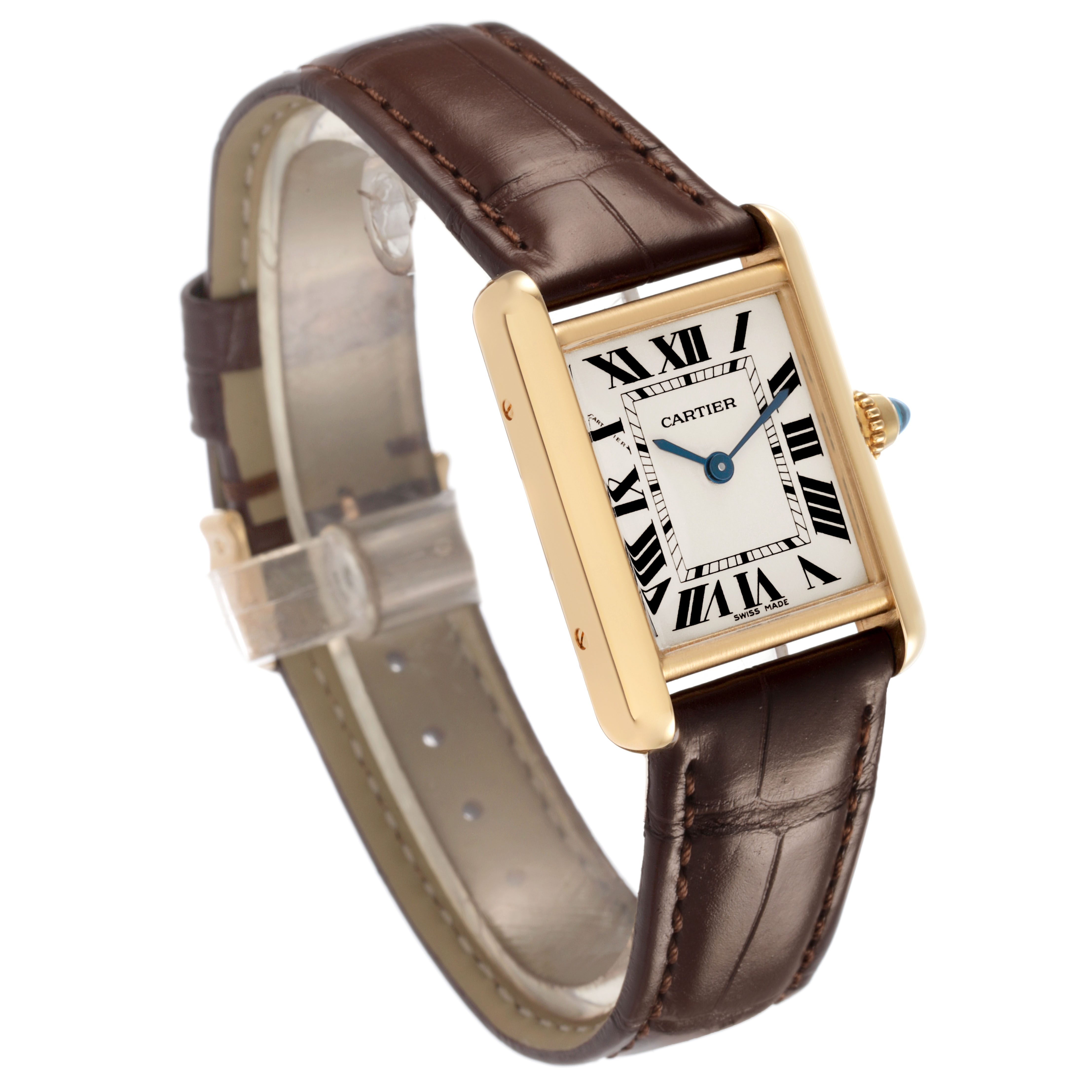 The Cartier Tank Louis W1529856 Women's Yellow Gold Silver Dial watch is shown at a three-quarter angle, highlighting the face, case, crown, and leather strap.