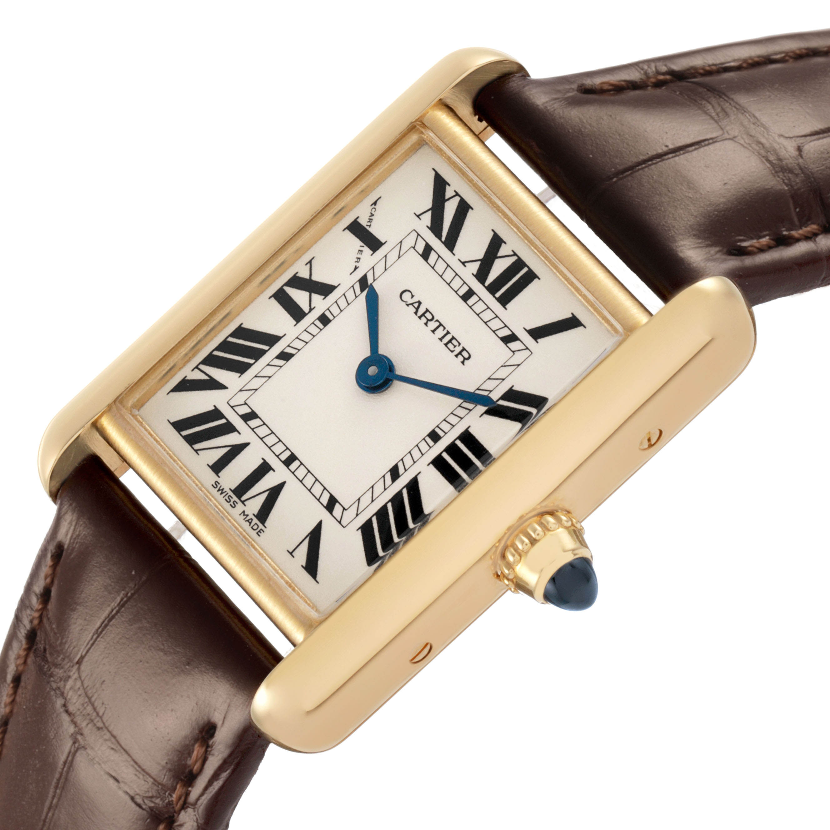 The Cartier Tank Louis W1529856 Women's Yellow Gold Silver Dial watch is shown at an angled view, highlighting its gold case, Roman numeral dial, and brown leather strap.