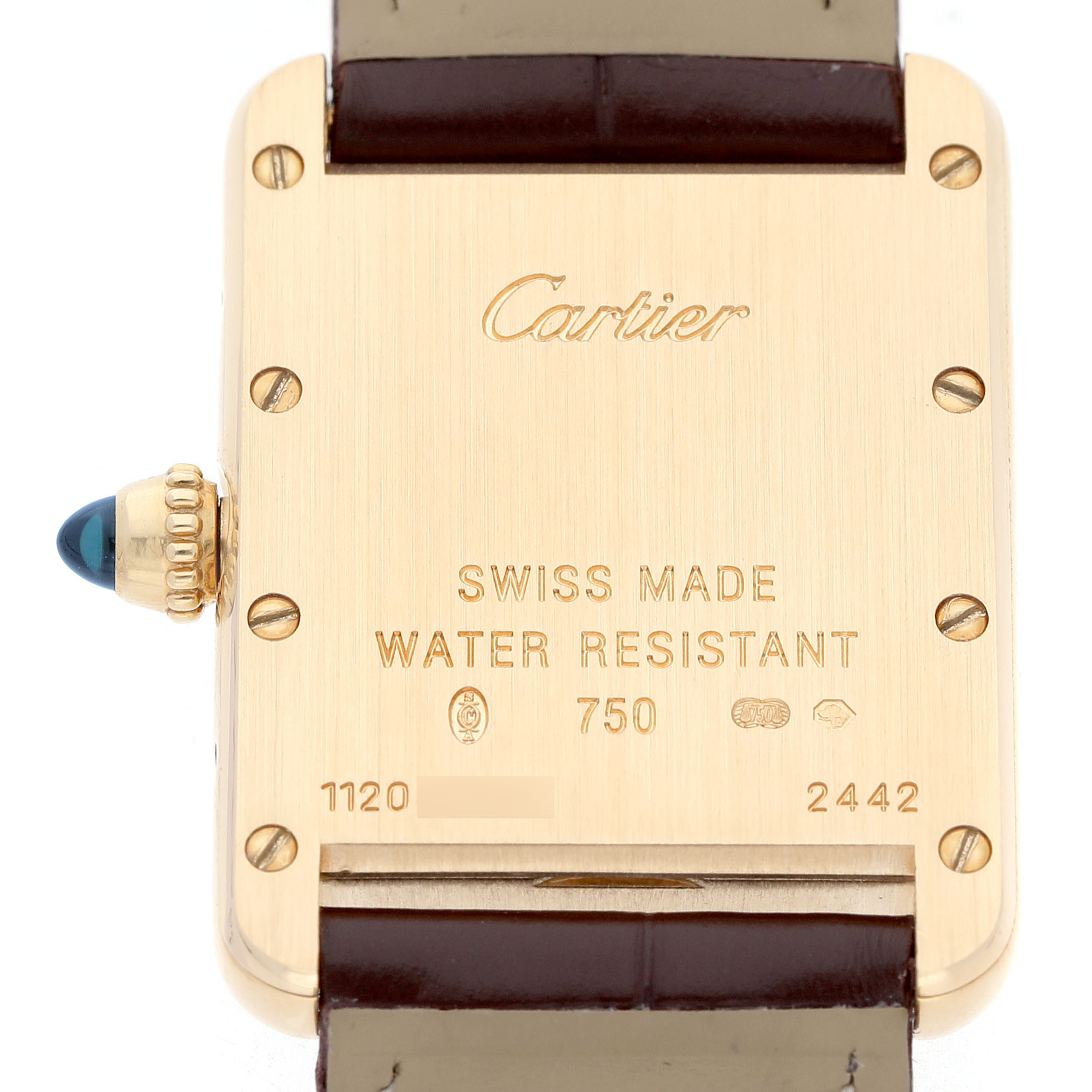 The image shows the back view of a Cartier Tank Louis W1529856 Women's Yellow Gold Silver Dial watch, highlighting the case, engraving, crown, and leather strap.
