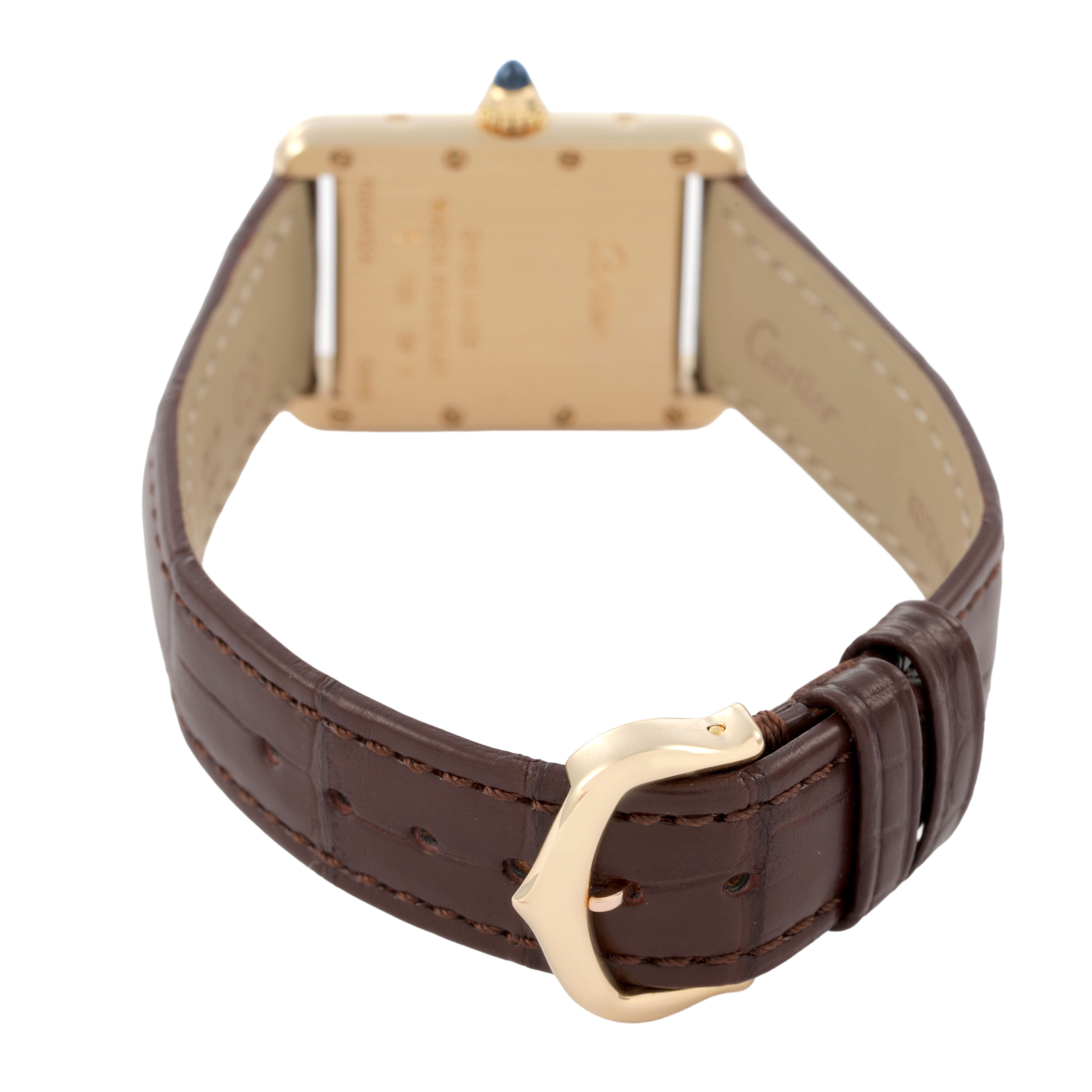 The image shows the back and strap of a Cartier Tank Louis W1529856 Women's Yellow Gold Silver Dial watch, featuring the case back and leather strap with buckle.