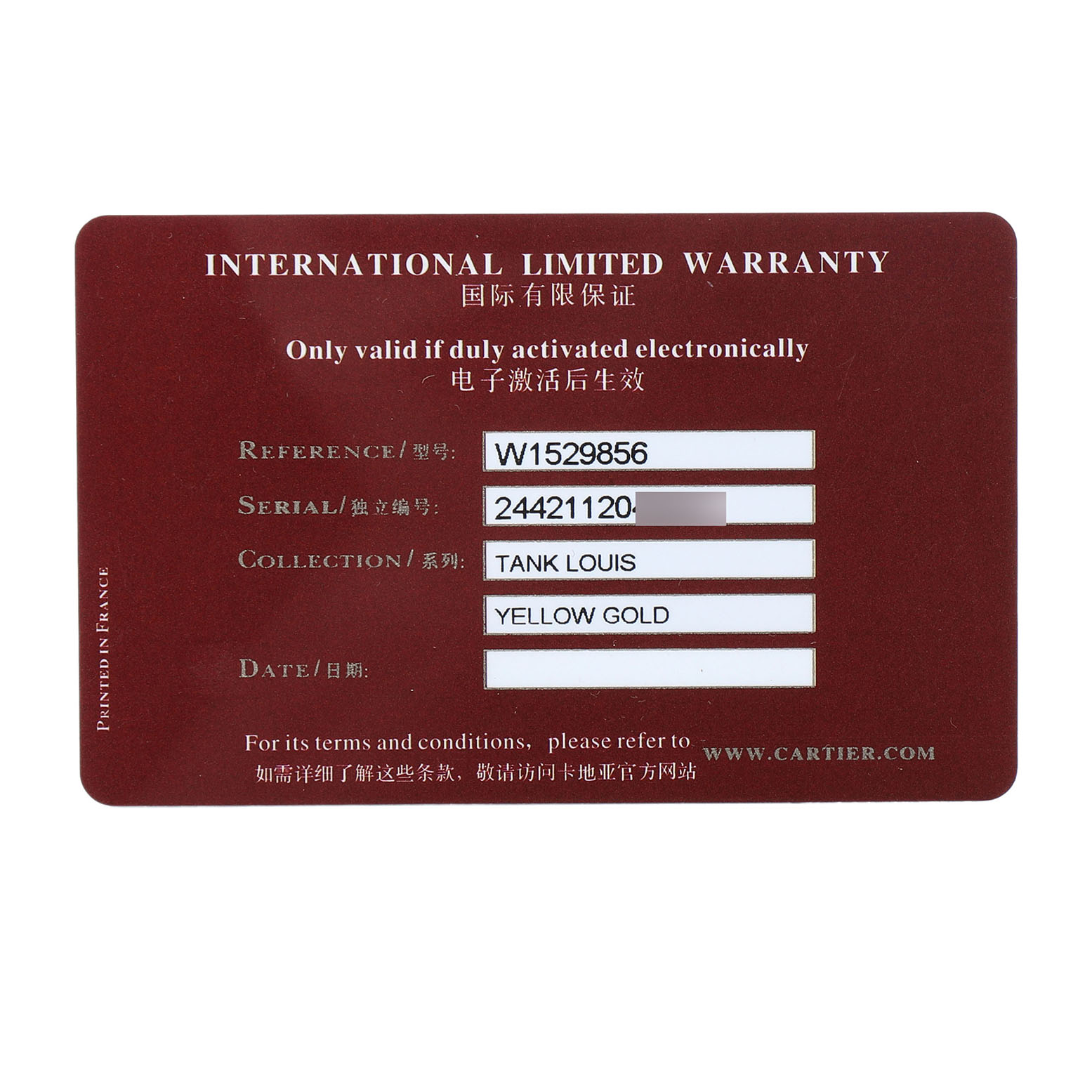 The image shows an international limited warranty card for the Cartier Tank Louis W1529856 Women's Yellow Gold Silver Dial watch.