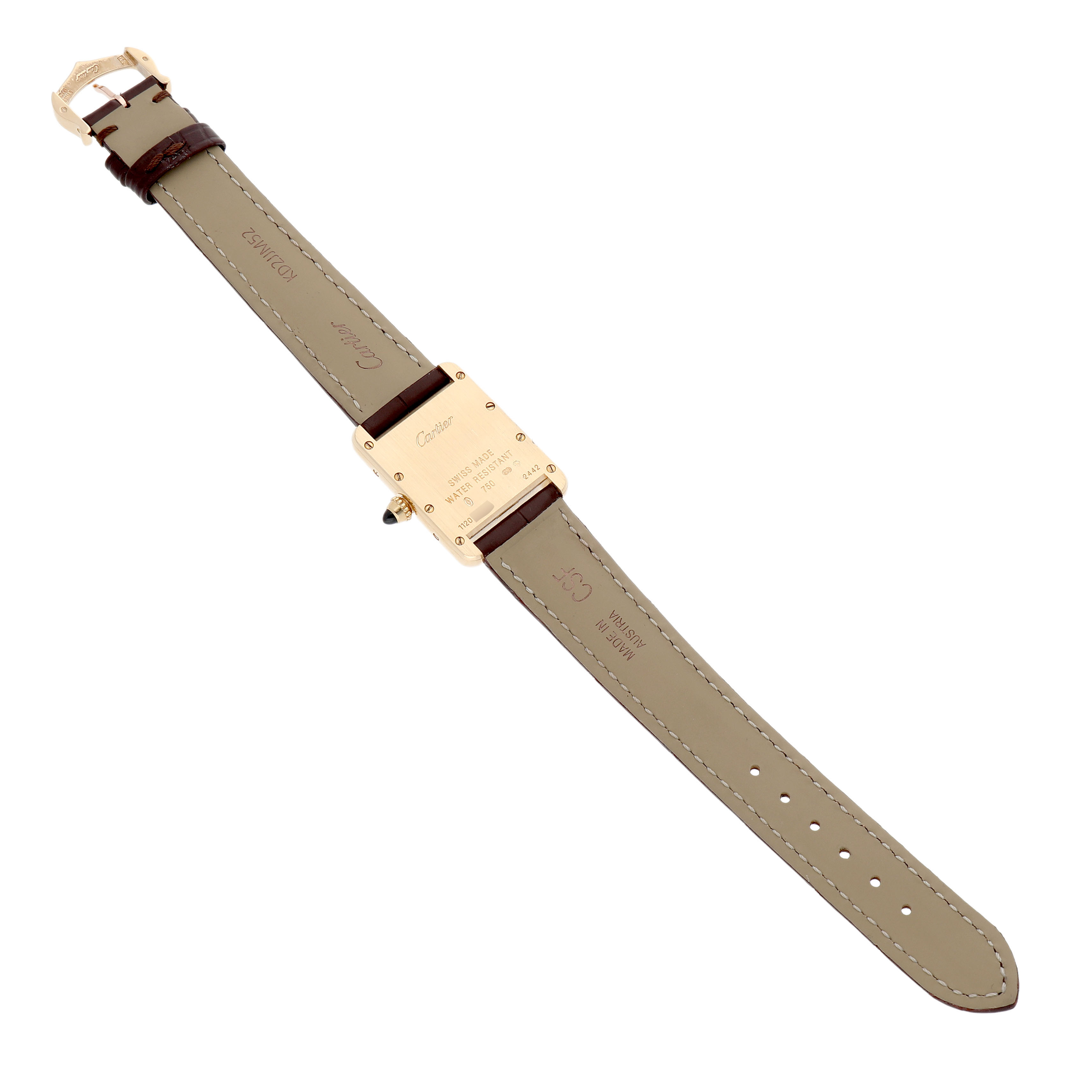 The image shows the back view of a Cartier Tank Louis W1529856 Women's Yellow Gold Silver Dial watch, highlighting the case back and leather strap.