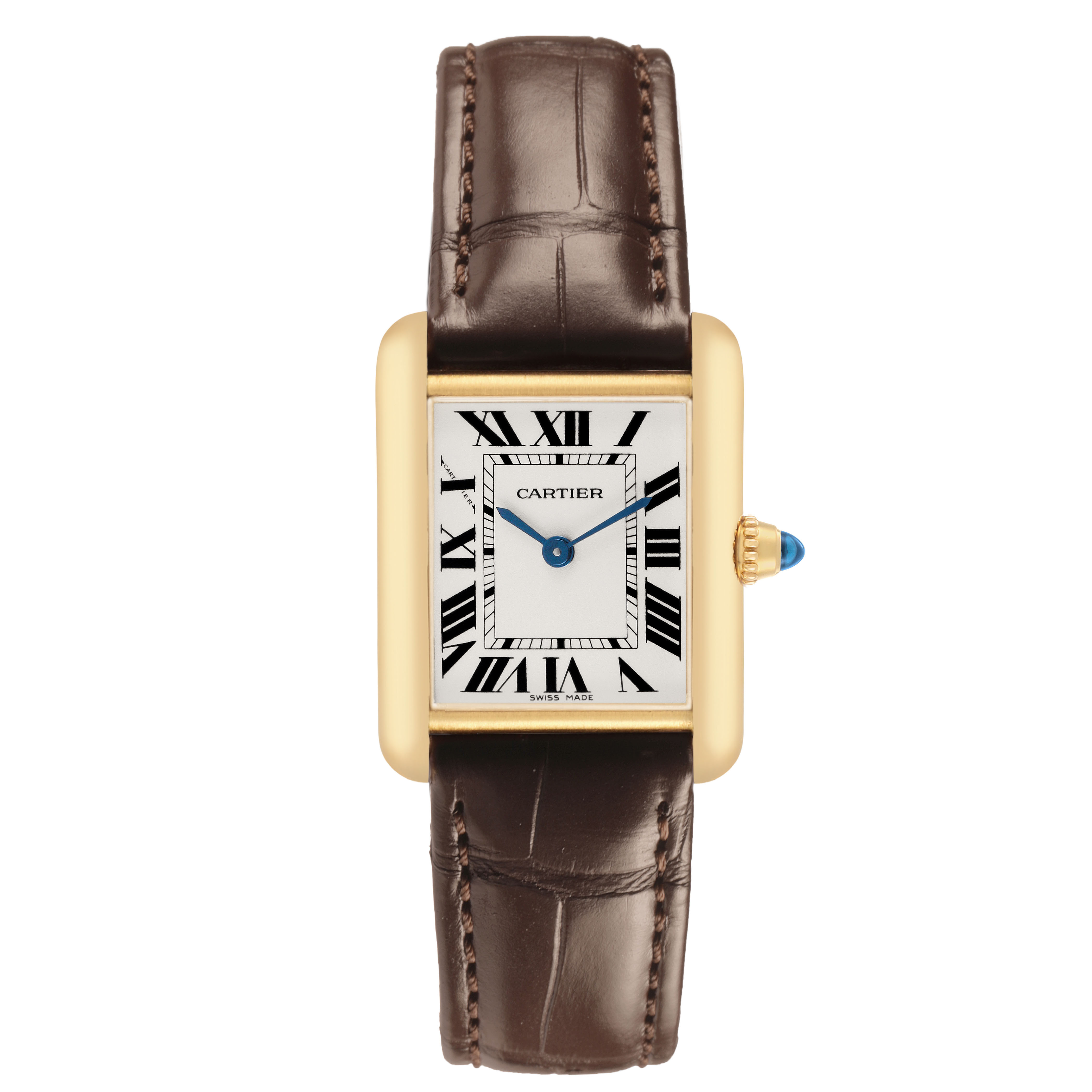 The Cartier Tank Louis W1529856 Women's Yellow Gold Silver Dial watch is shown from the front, featuring a rectangular dial with Roman numerals and a brown leather strap.