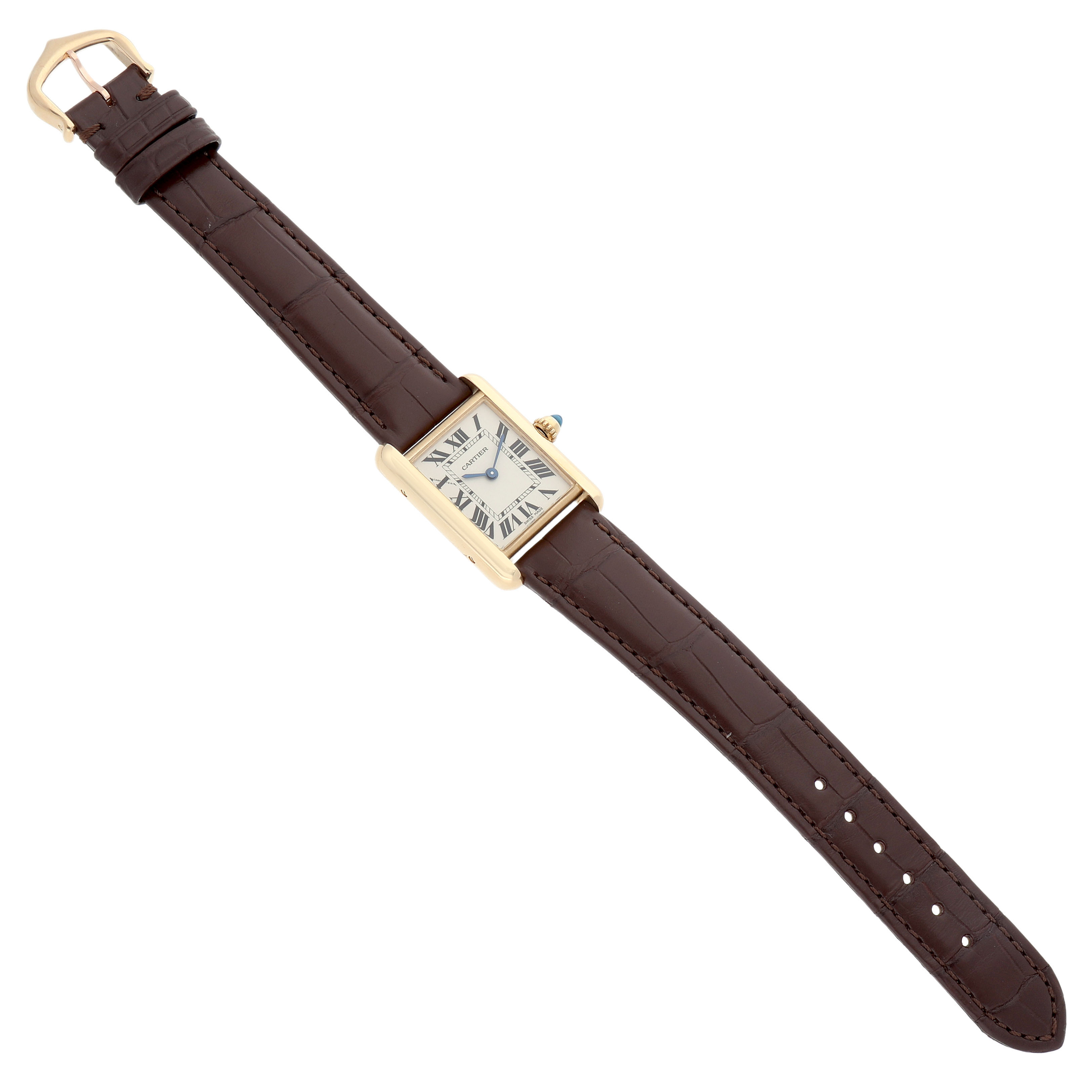 The Cartier Tank Louis W1529856 Women's Yellow Gold Silver Dial watch is shown from a top-down angle, displaying the face, strap, and buckle.