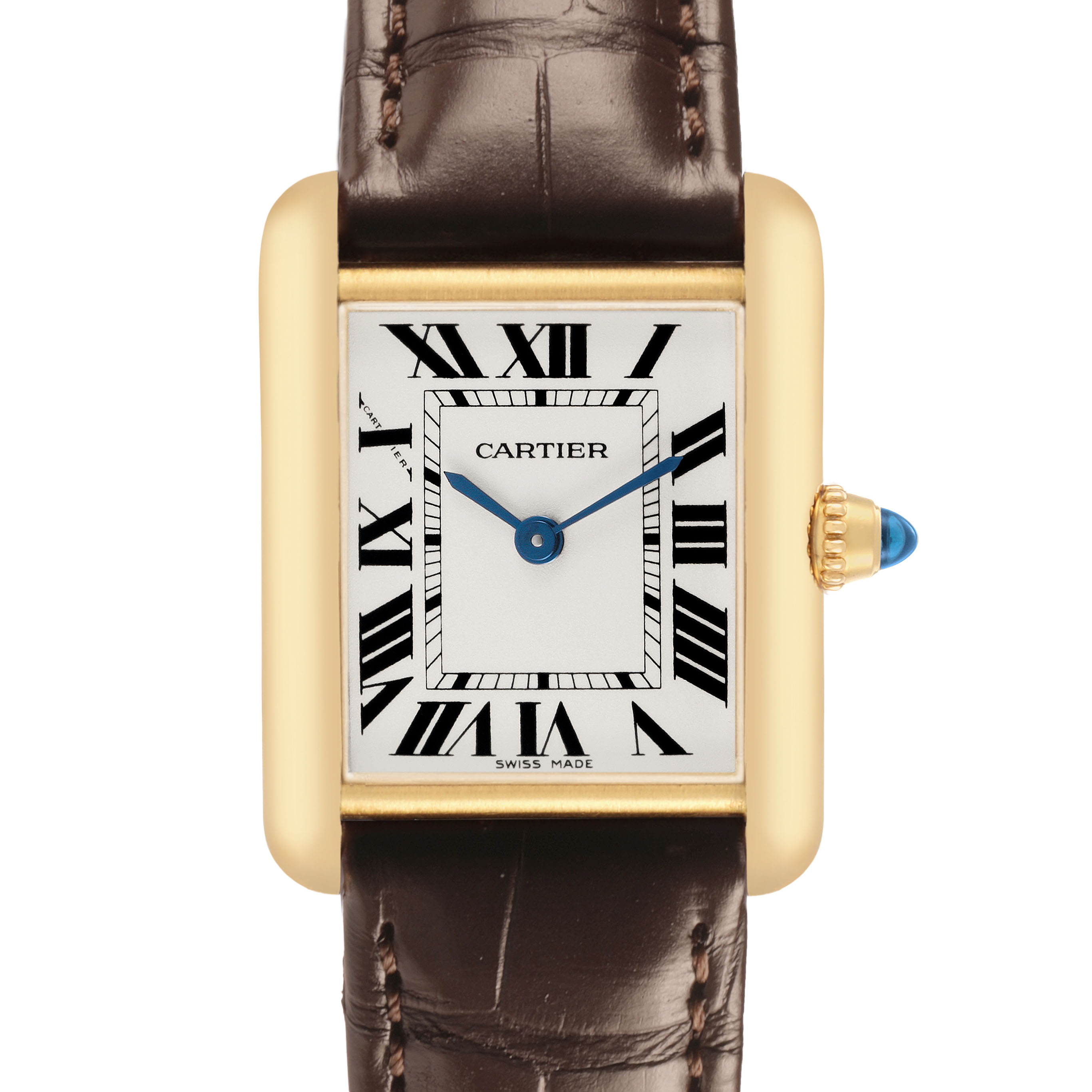 The Cartier Tank Louis W1529856 Women's Yellow Gold Silver Dial watch is shown from the front, displaying its rectangular case, Roman numerals, blue hands, and leather strap.
