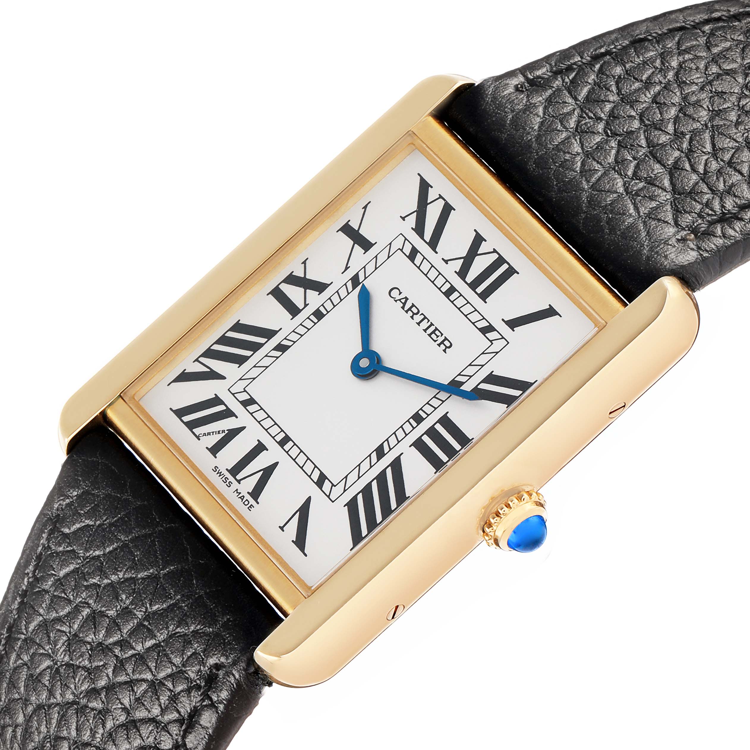 The Cartier Tank Solo W5200004 Men
s Steel and Gold (two tone) Silver Dial watch is shown from a top-side angle, displaying the face, Roman numerals, blue hands, and textured black strap.
