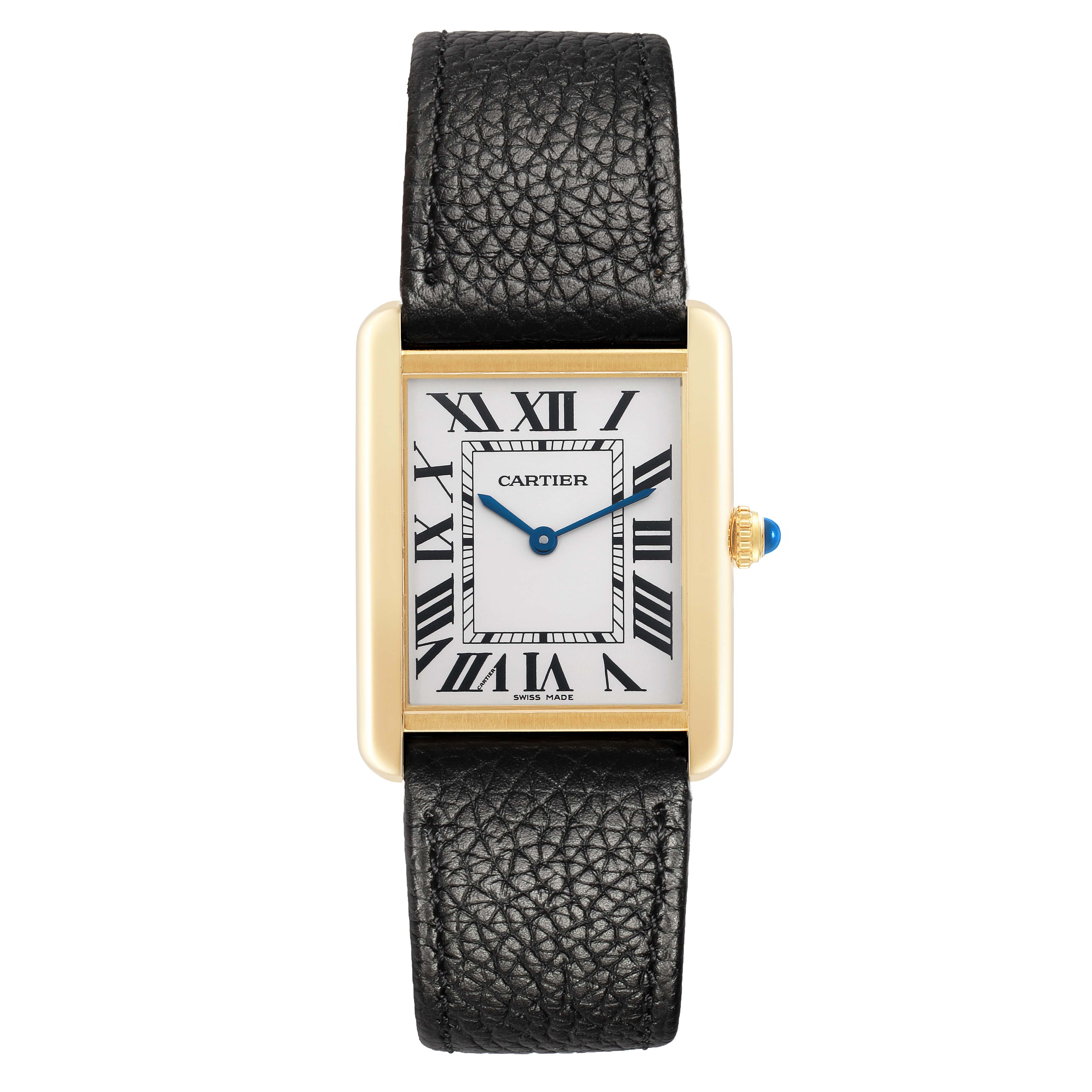 The Cartier Tank Solo W5200004 Men
s Steel and Gold (two tone) Silver Dial watch is shown from the front, displaying its rectangular face, Roman numerals, blue hands, and leather strap.